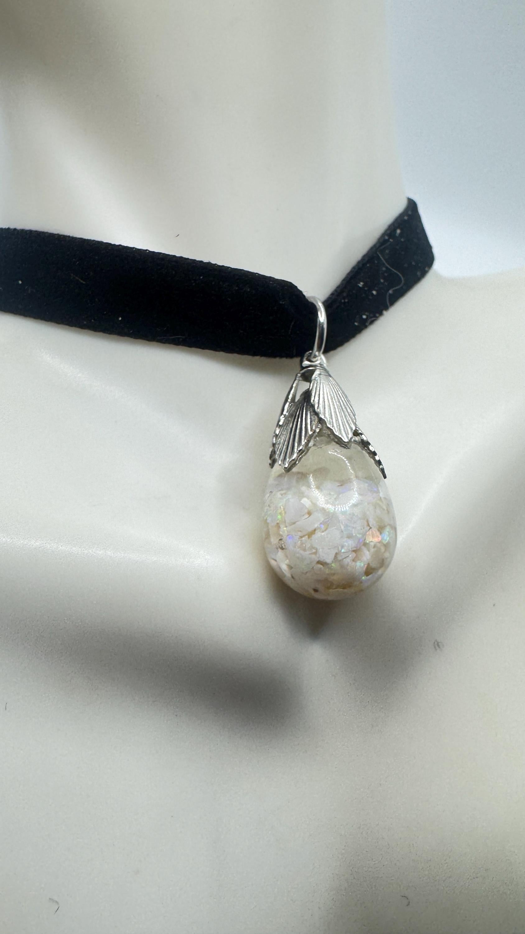 Vintage White Floating Opal Choker 925 Sterling Silver Pendant Necklace Black Choker