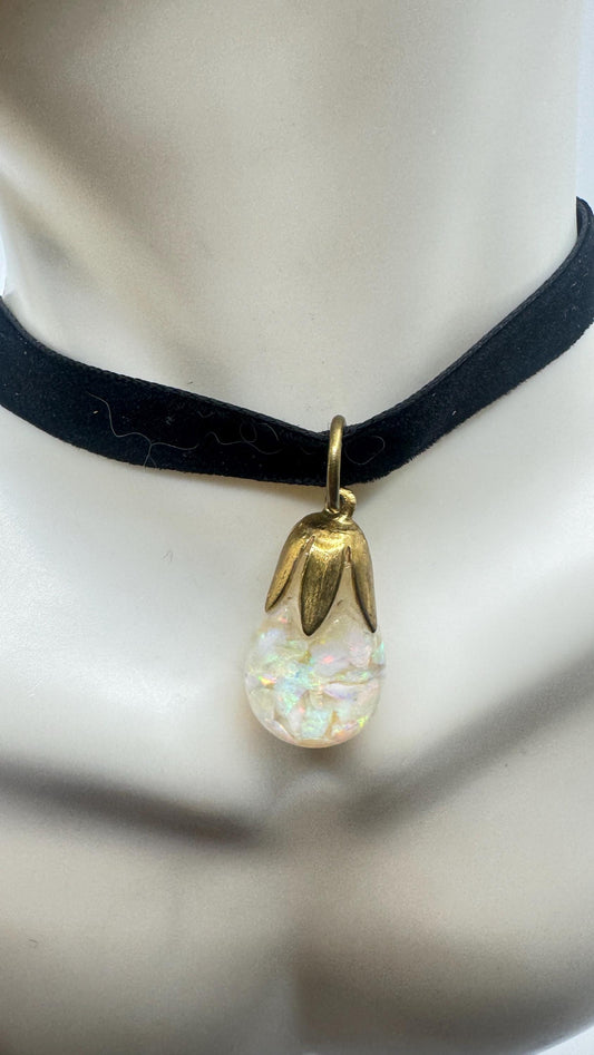 Vintage White Floating Opal Choker 925 Sterling Silver Pendant Necklace Black Choker