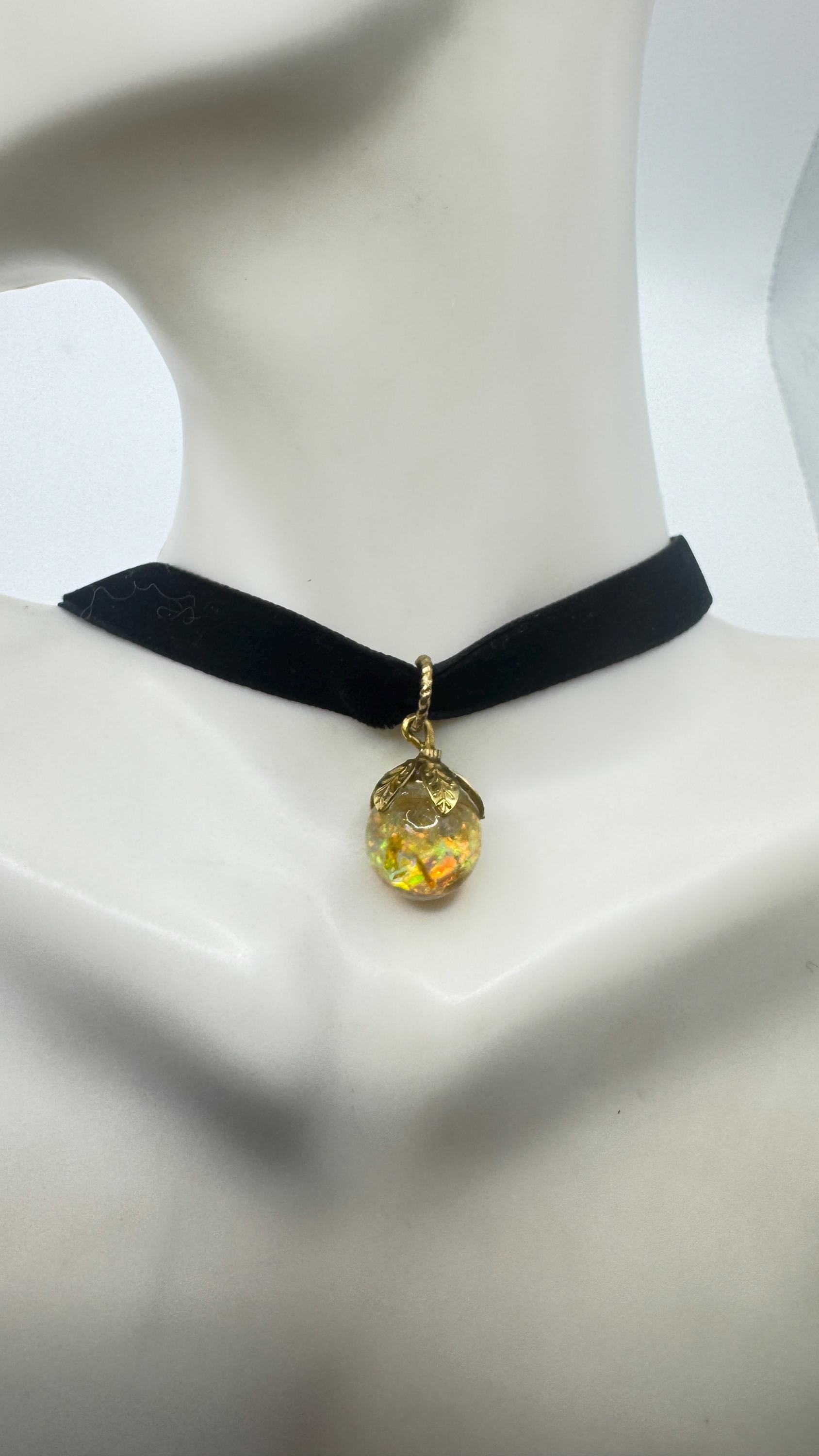 Vintage White Floating Opal Choker 925 Sterling Silver Pendant Necklace Black Choker