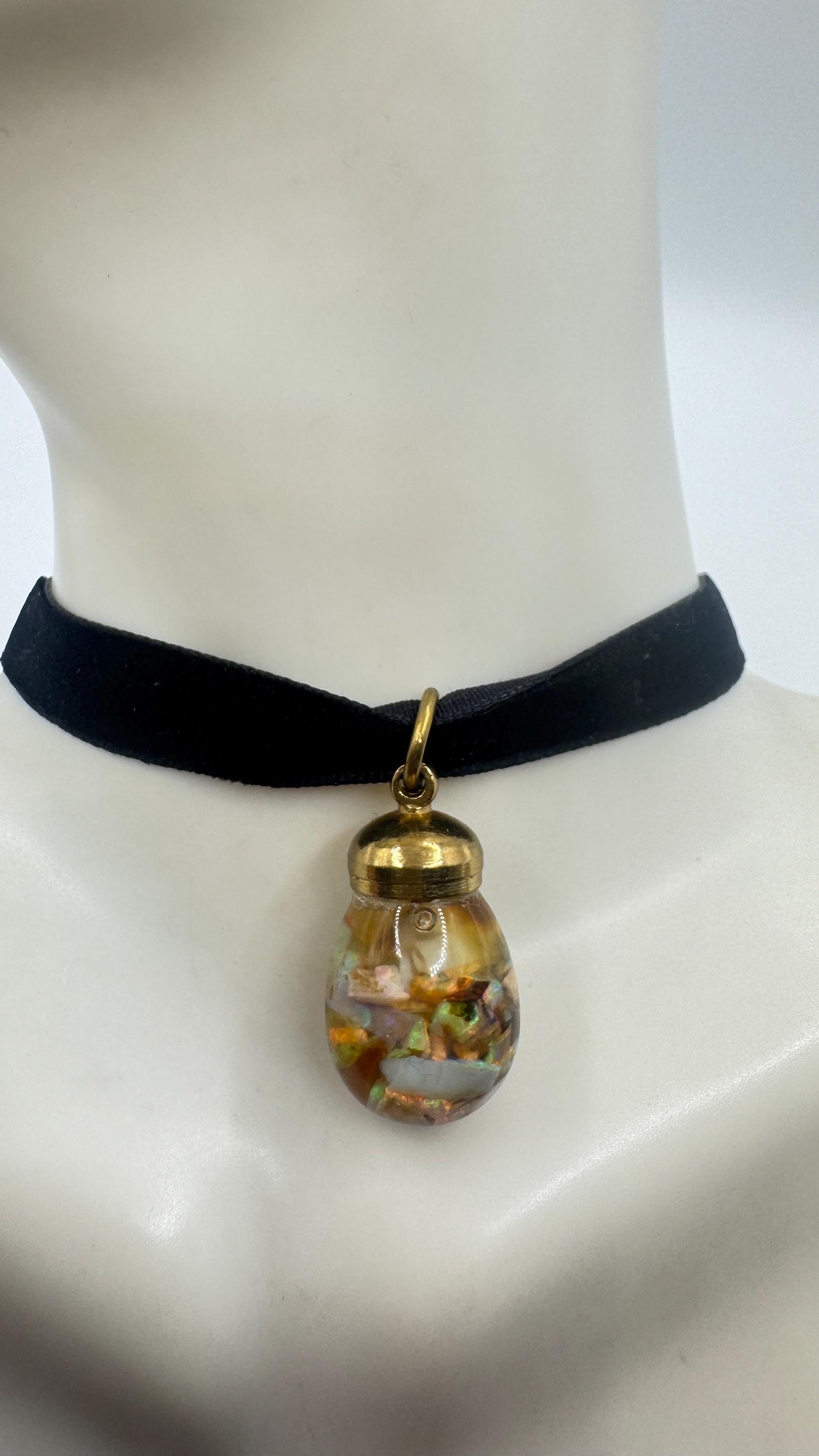 Vintage White Floating Opal Choker Pendant Necklace Black Choker
