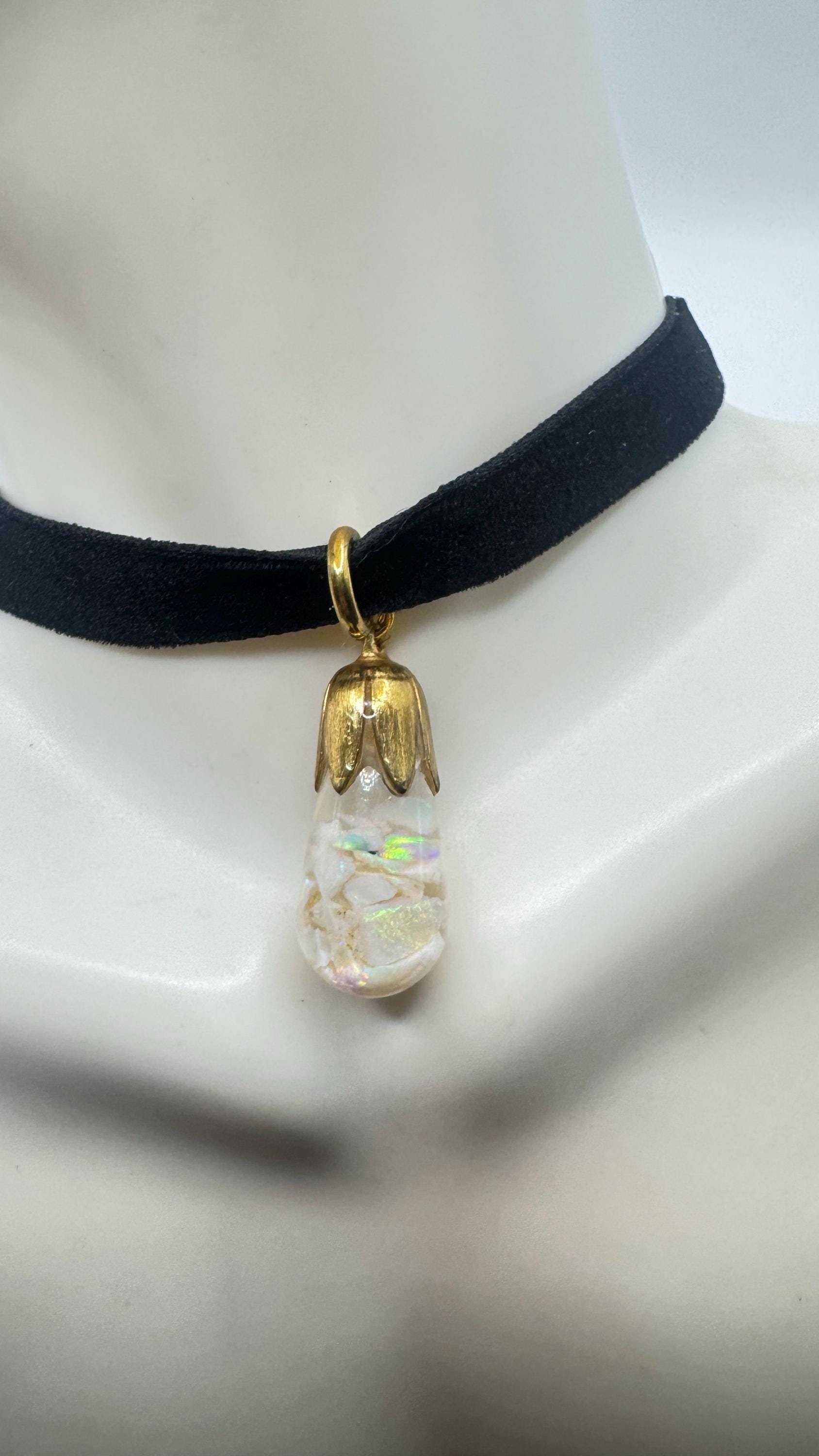 Vintage White Floating Opal Choker Pendant Necklace Black Choker