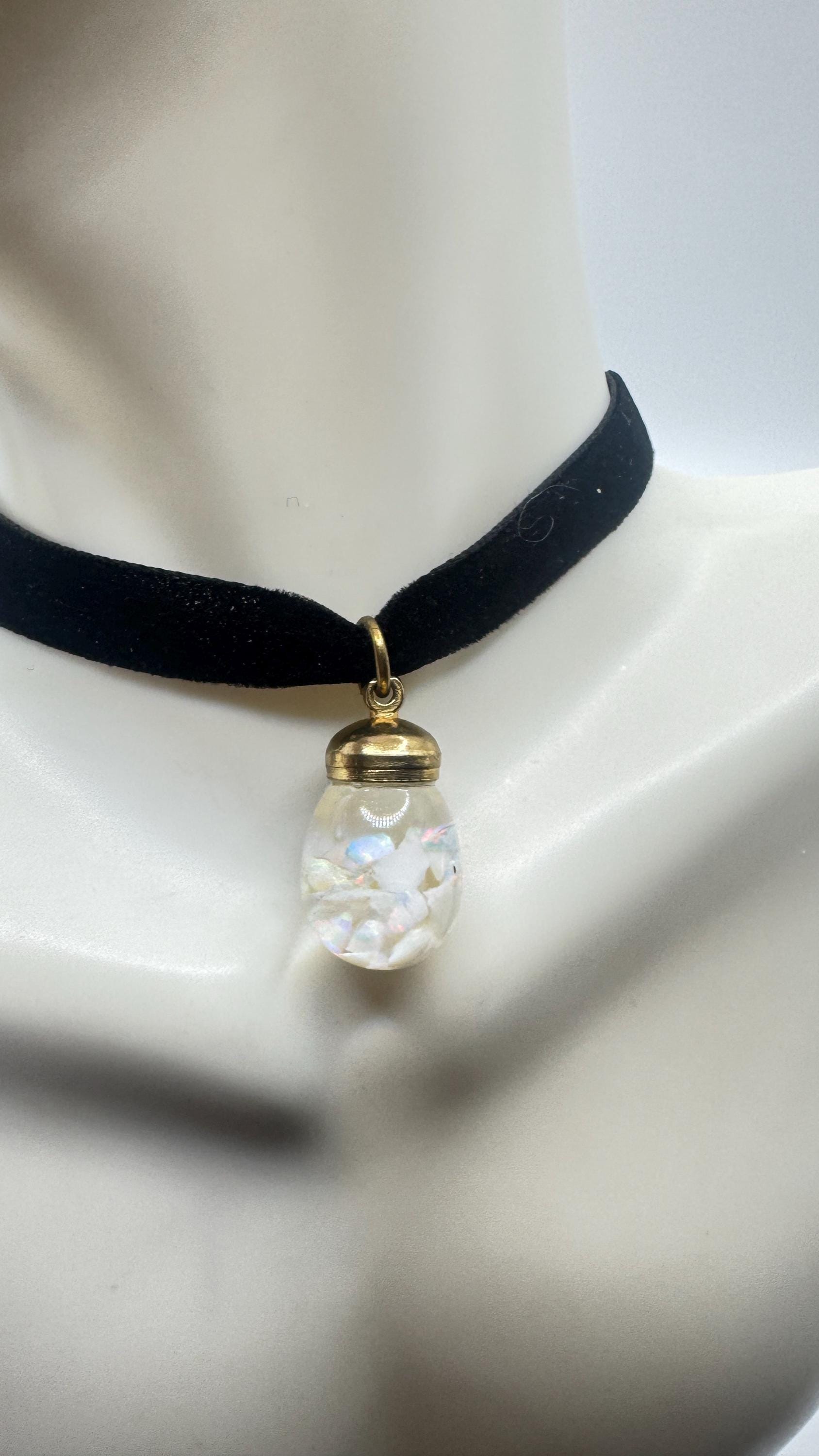 Vintage White Floating Opal Choker Pendant Necklace Black Choker
