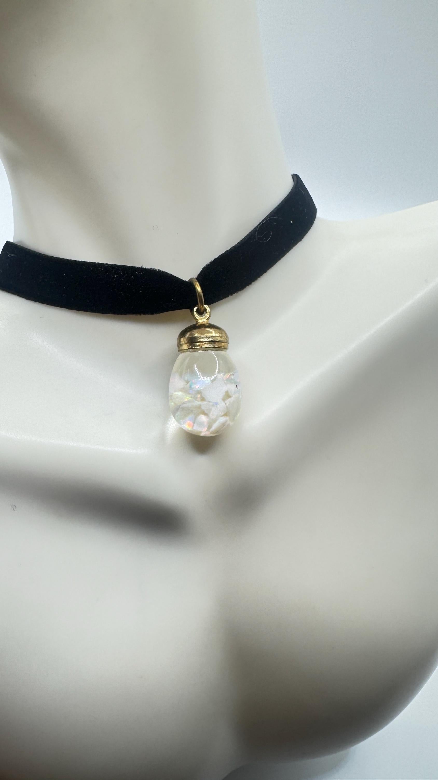 Vintage White Floating Opal Choker Pendant Necklace Black Choker