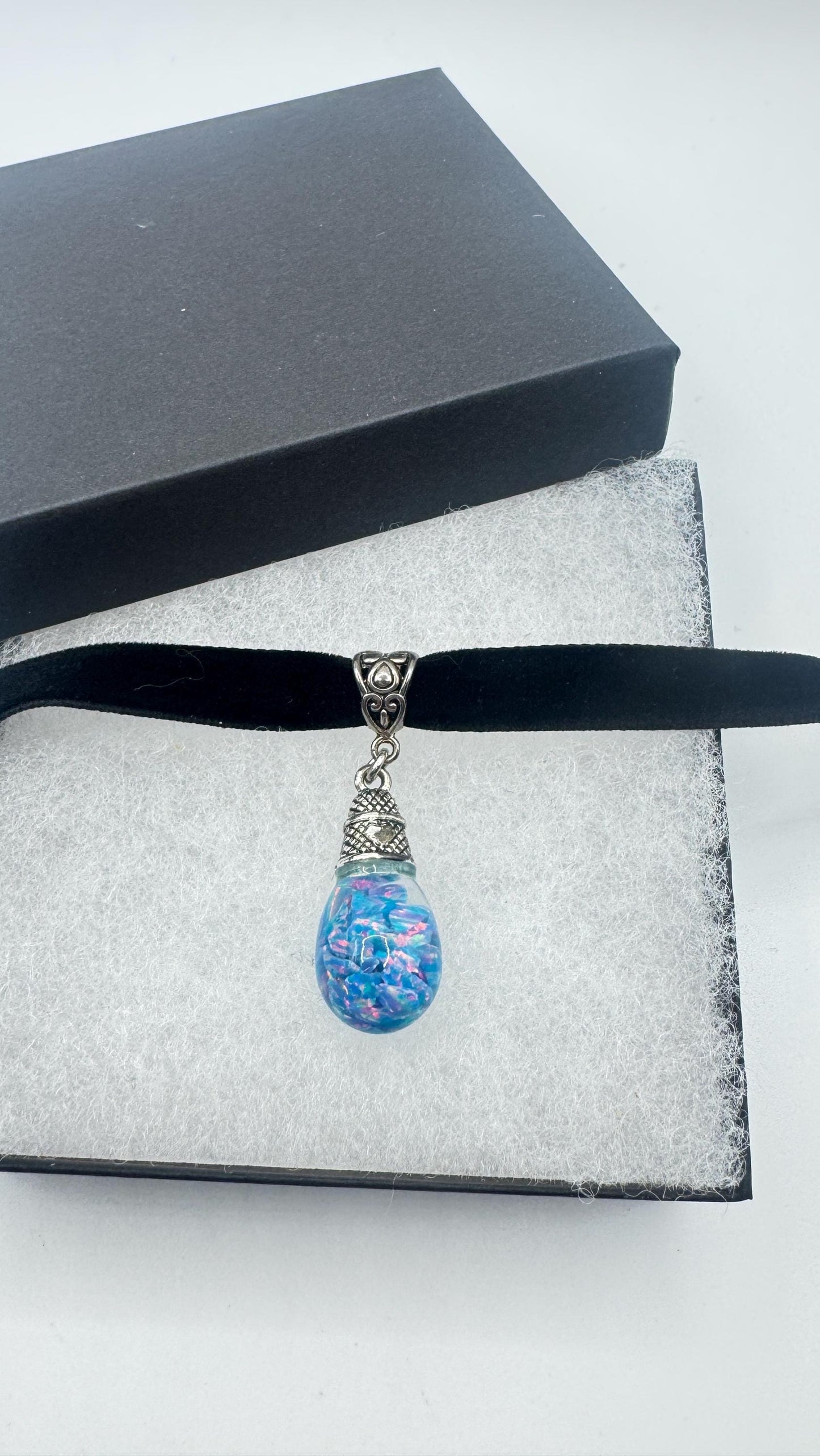 Vintage Blue Floating Opal Choker Pendant Necklace Black Choker