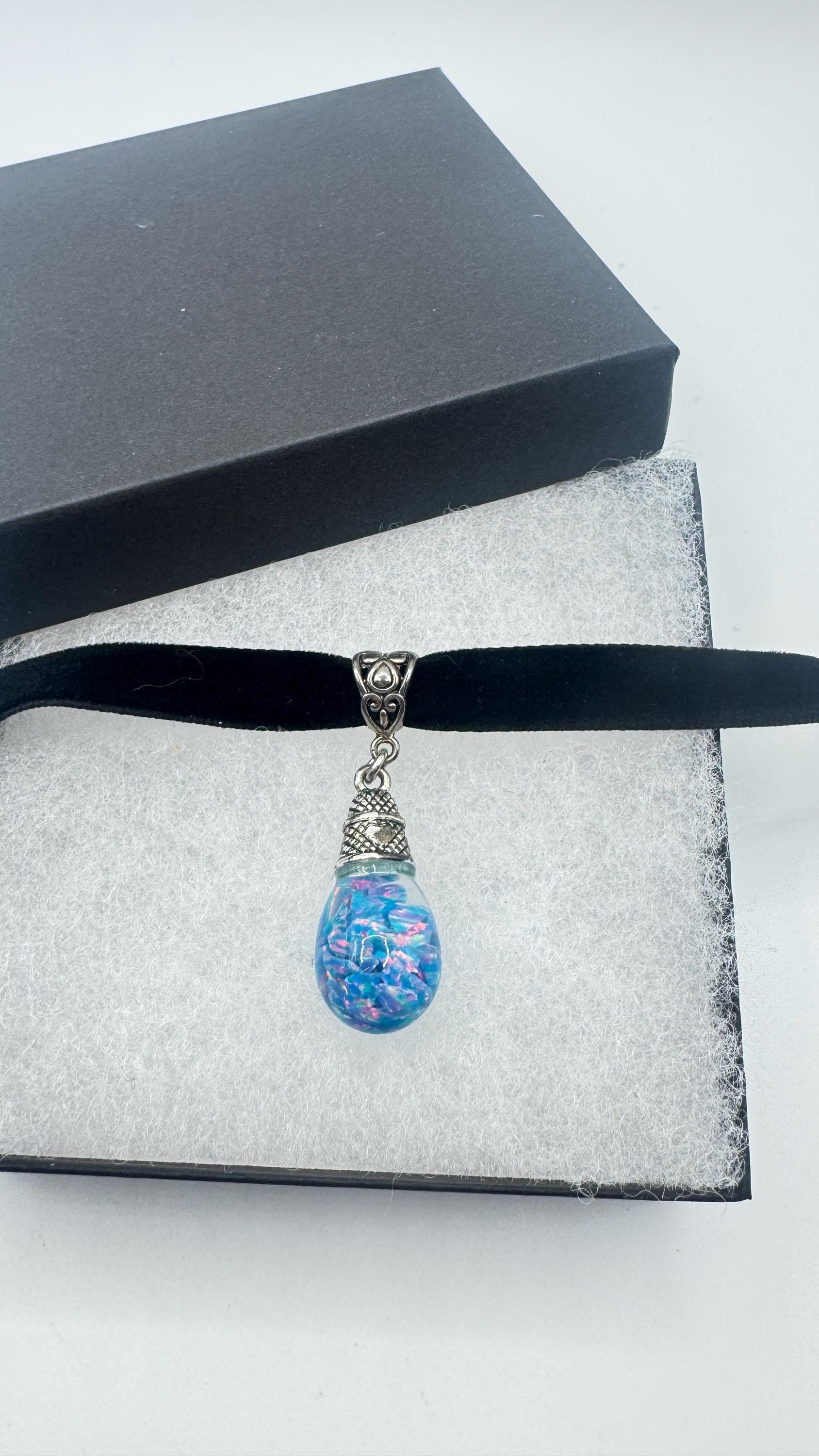 Vintage Blue Floating Opal Choker Pendant Necklace Black Choker