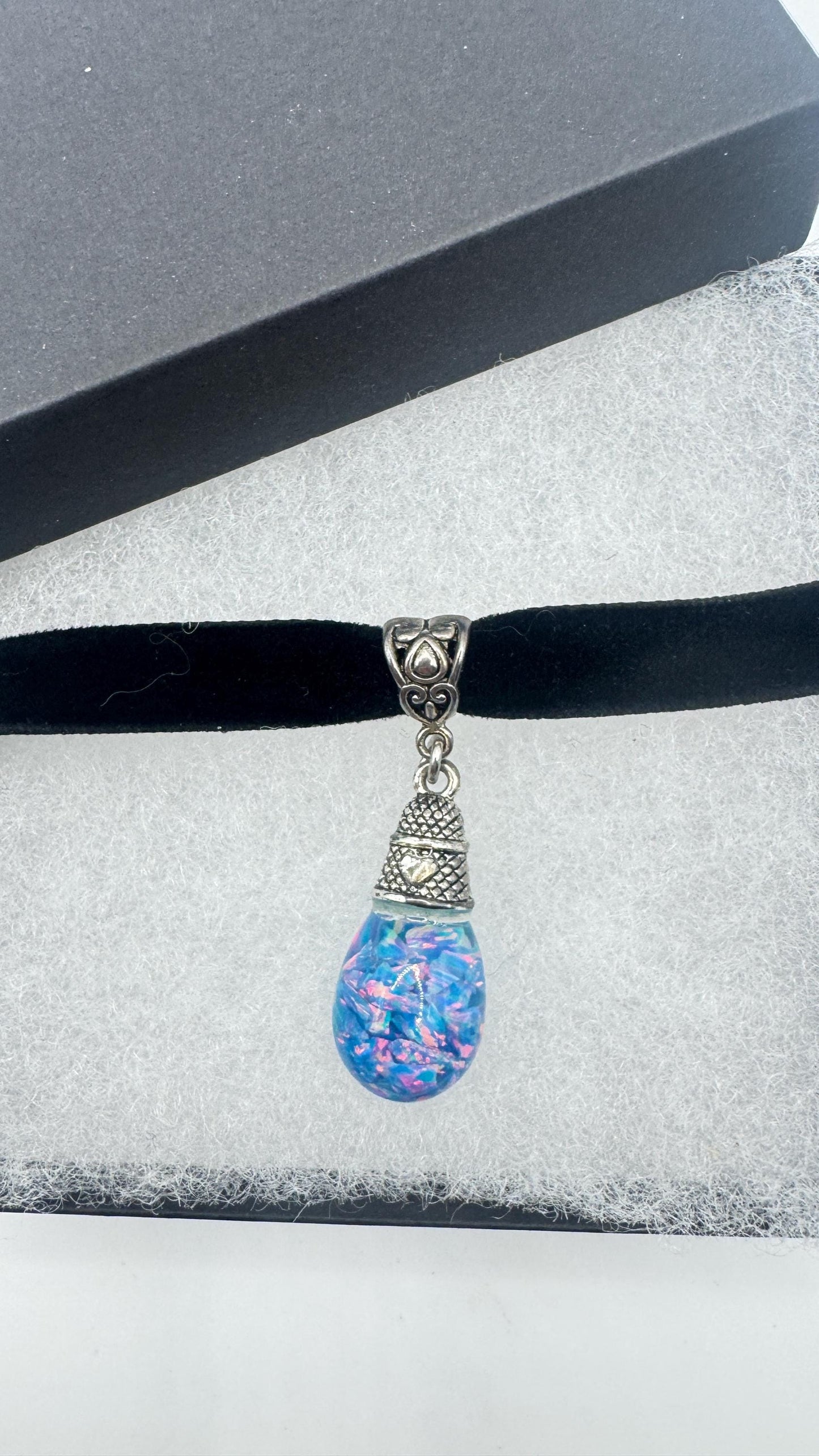 Vintage Blue Floating Opal Choker Pendant Necklace Black Choker