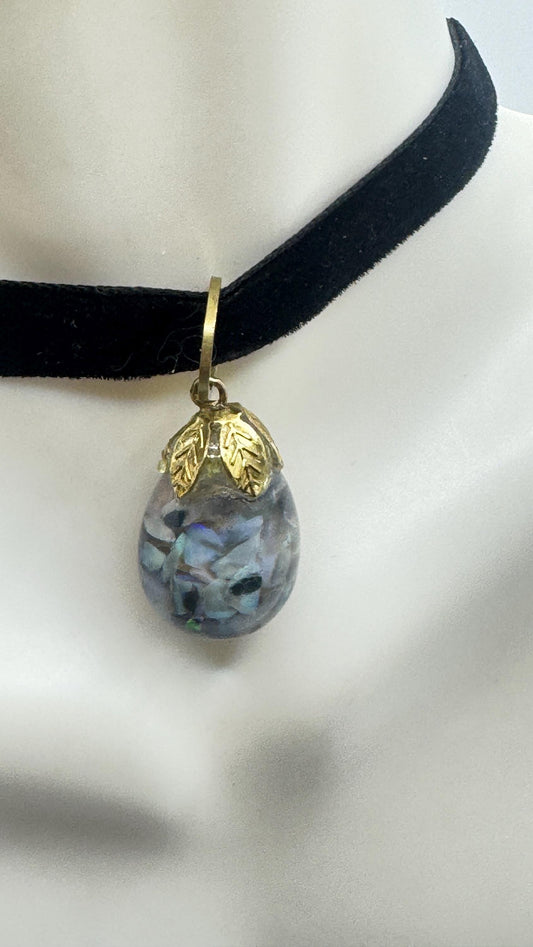 Vintage Blue Floating Opal Choker Pendant Necklace Black Choker