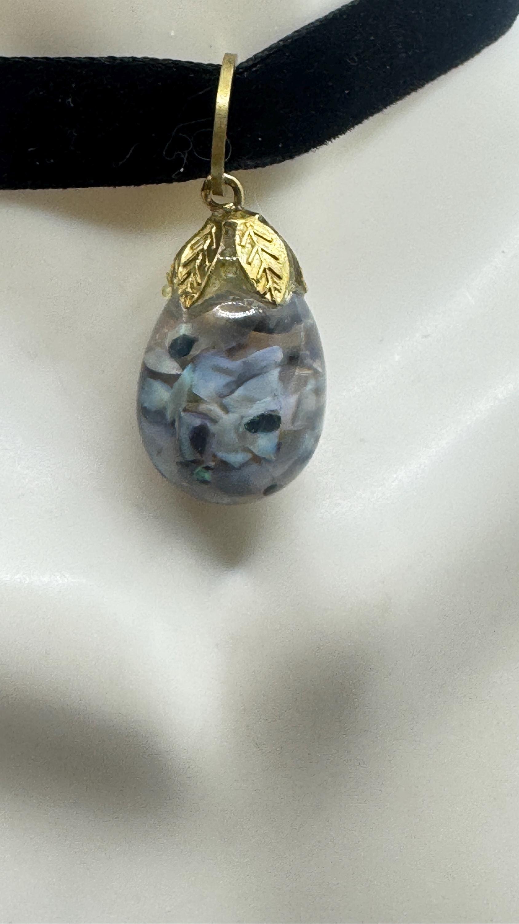 Vintage Blue Floating Opal Choker Pendant Necklace Black Choker