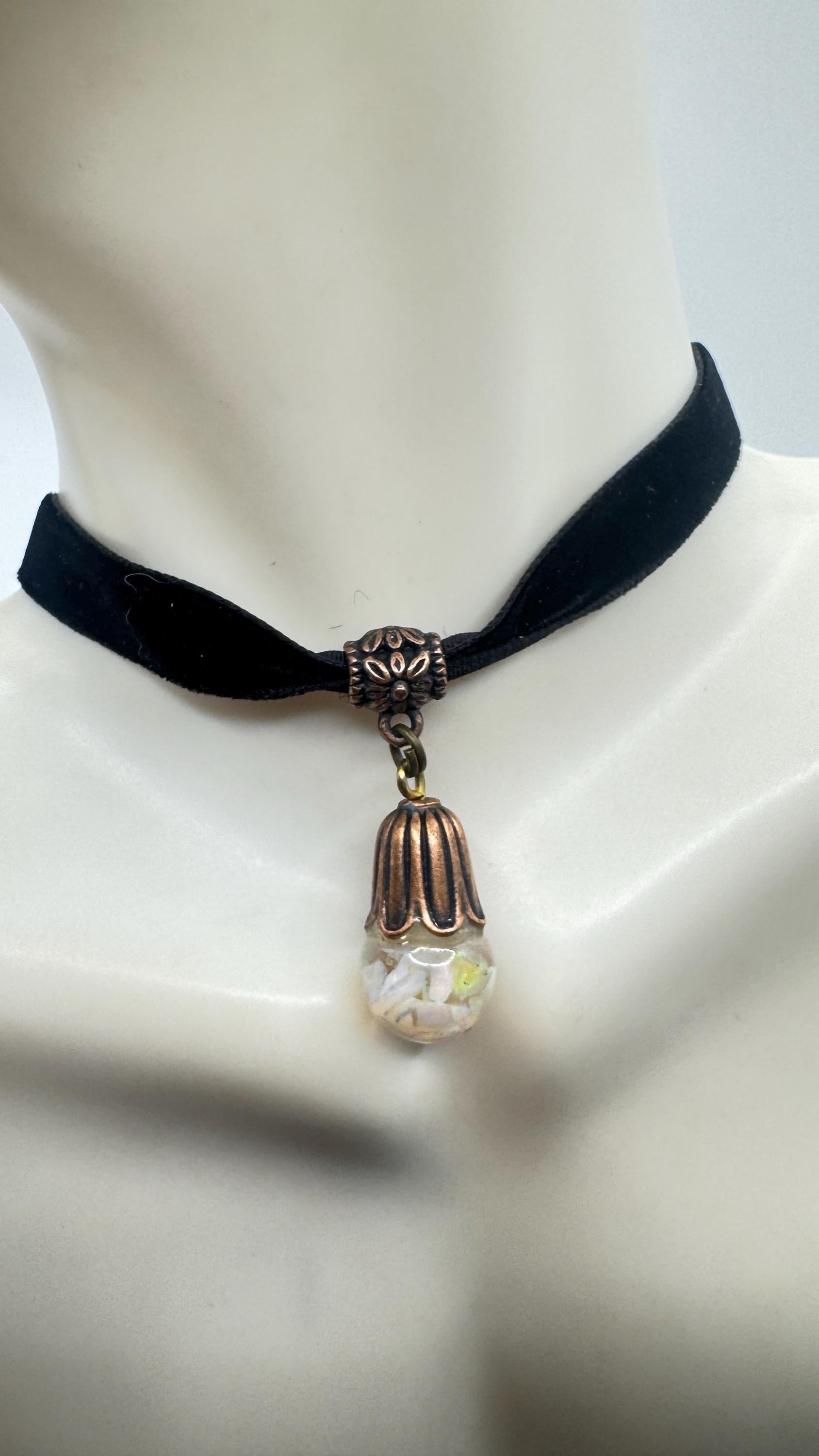 Vintage White Floating Opal Choker Pendant Necklace Black Choker