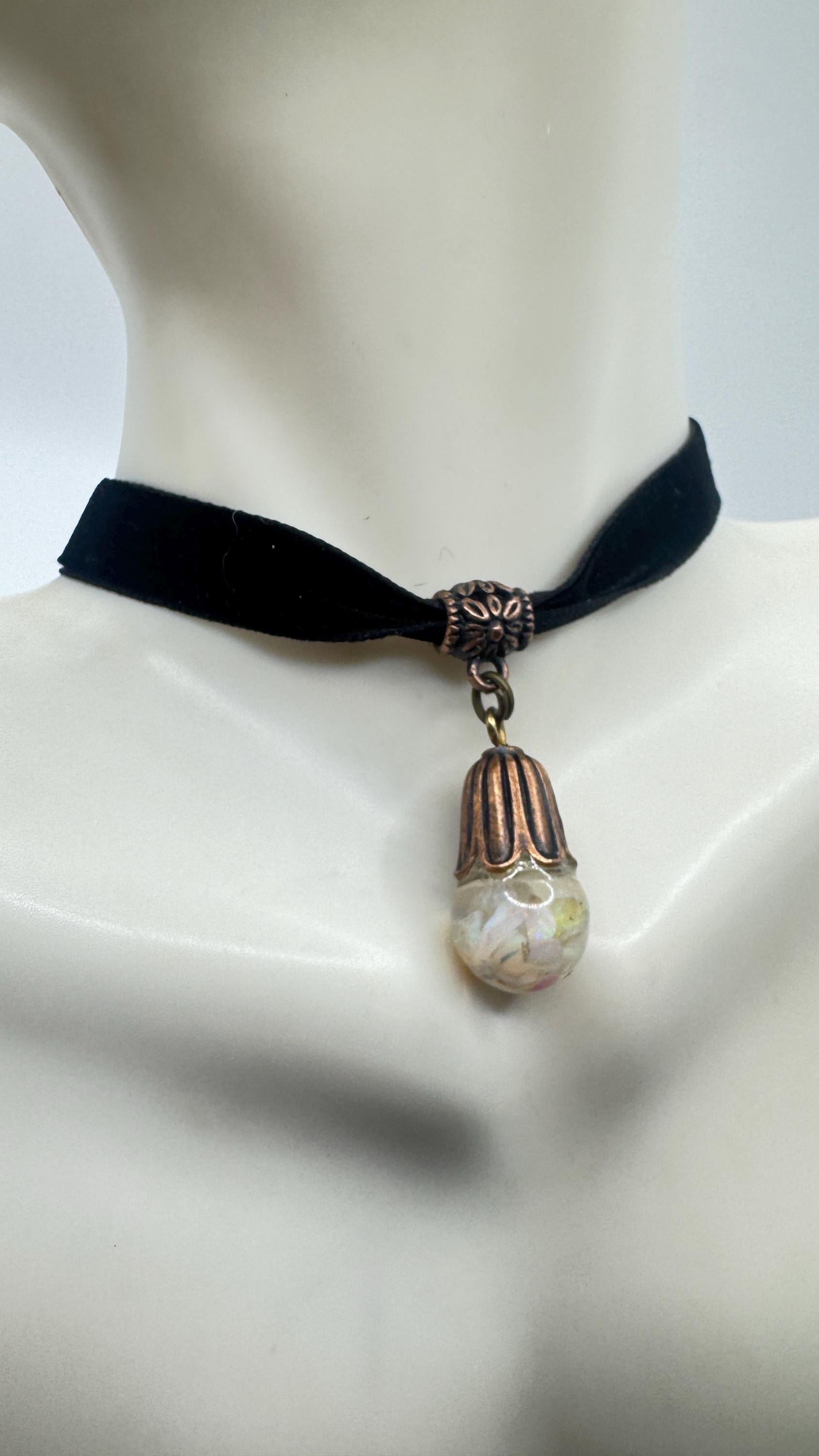 Vintage White Floating Opal Choker Pendant Necklace Black Choker