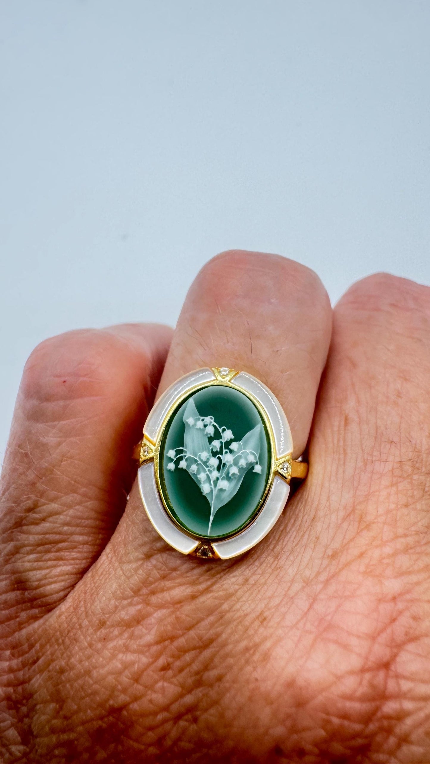 Vintage Lily of the Valley Cameo 925 Sterling Silver Ring