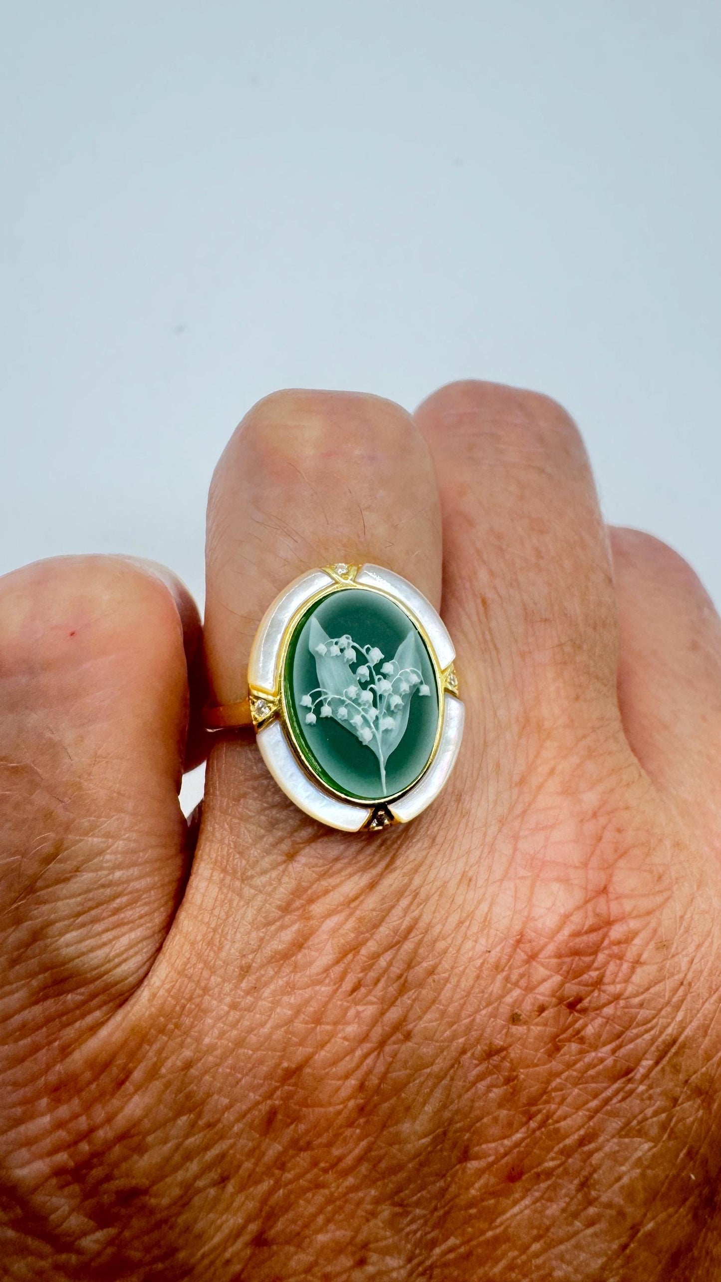 Vintage Lily of the Valley Cameo 925 Sterling Silver Ring