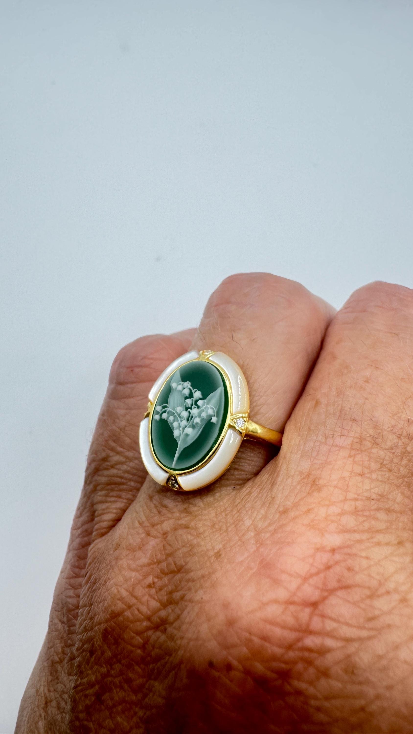 Vintage Lily of the Valley Cameo 925 Sterling Silver Ring