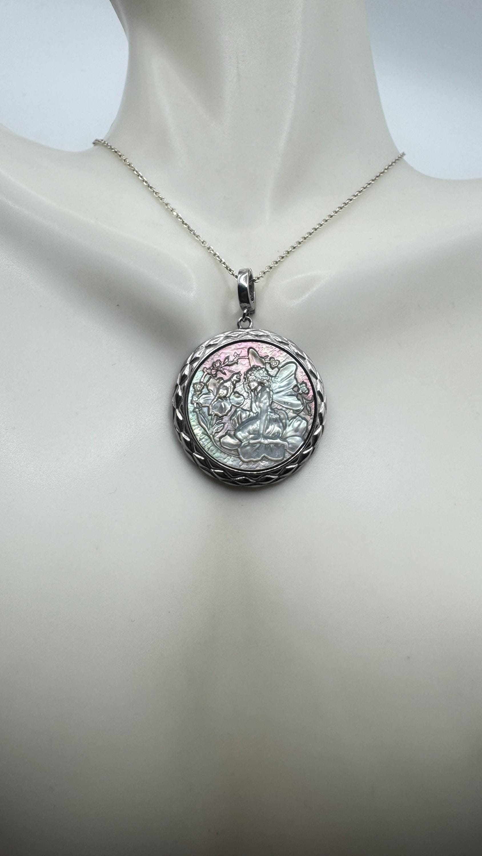 Vintage Fairy Genuine Abalone Cameo Sterling Silver Necklace