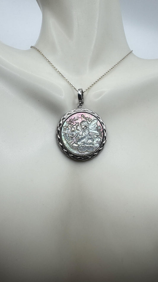 Vintage Fairy Genuine Abalone Cameo Sterling Silver Necklace