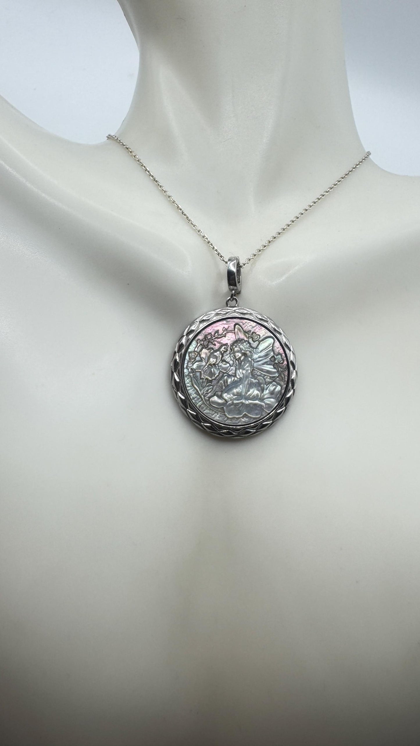 Vintage Fairy Genuine Abalone Cameo Sterling Silver Necklace