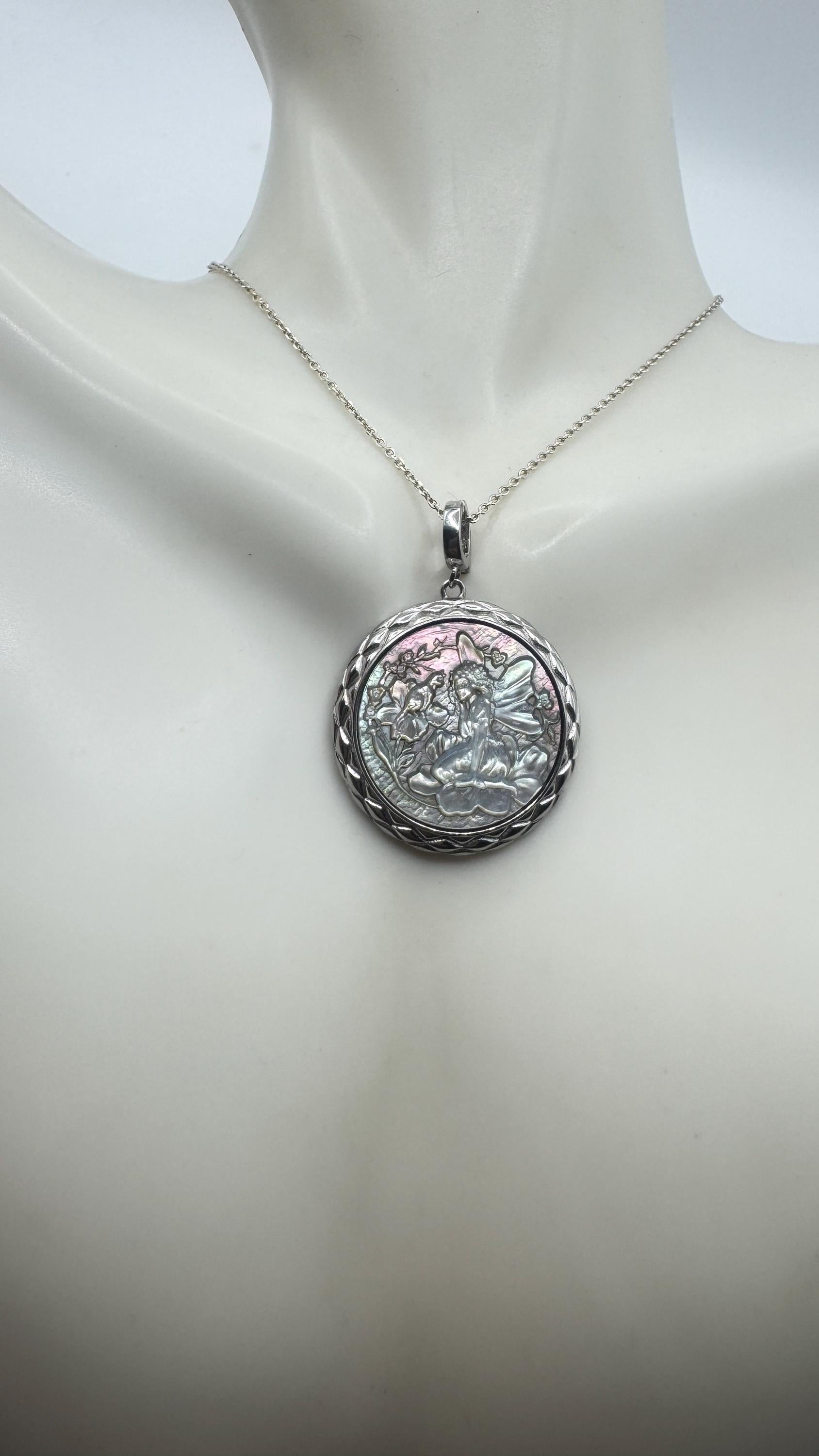 Vintage Fairy Genuine Abalone Cameo Sterling Silver Necklace