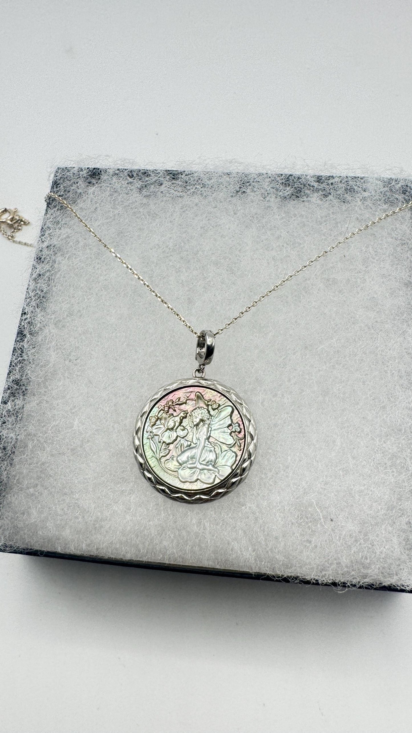 Vintage Fairy Genuine Abalone Cameo Sterling Silver Necklace