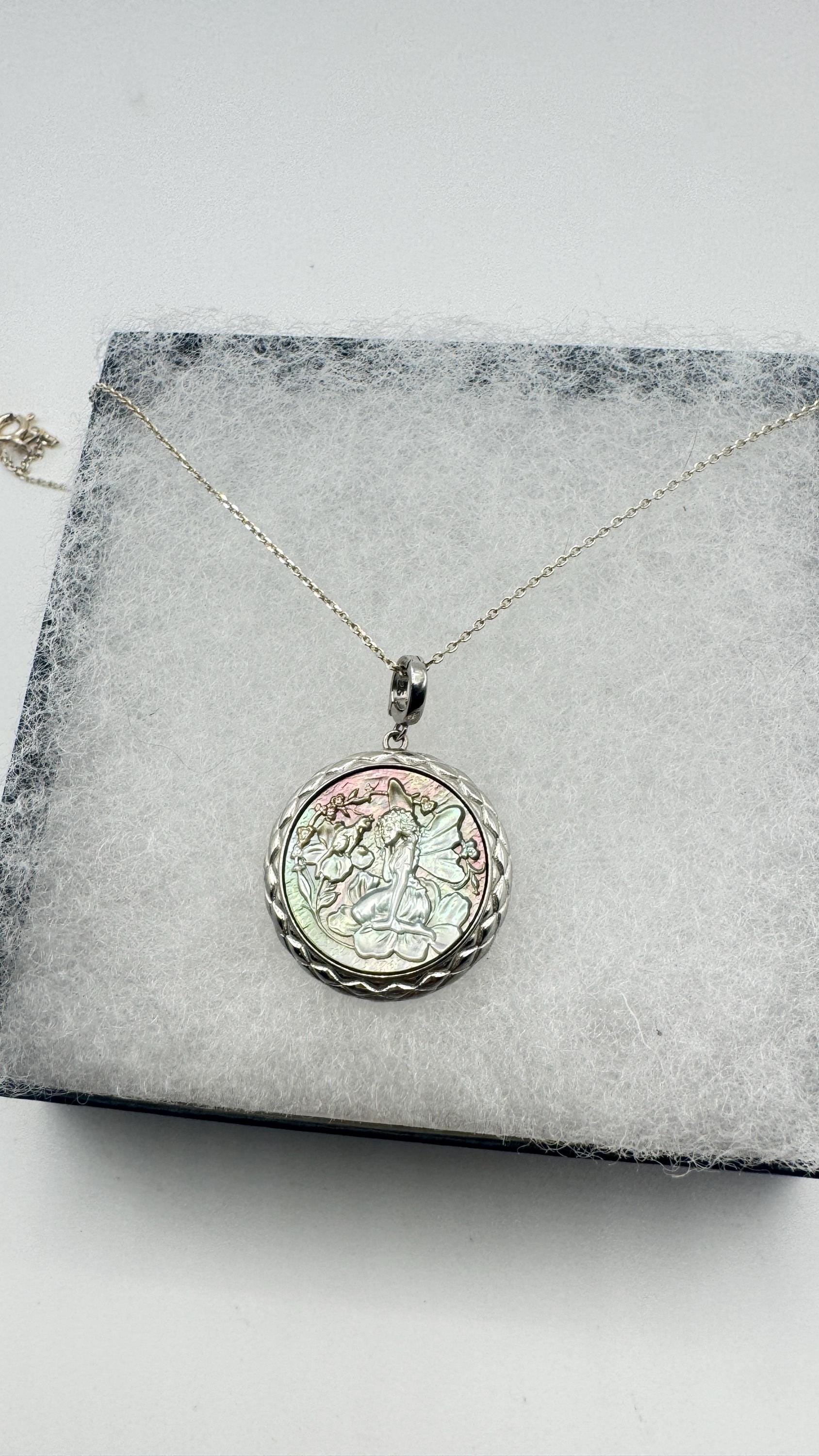 Vintage Fairy Genuine Abalone Cameo Sterling Silver Necklace