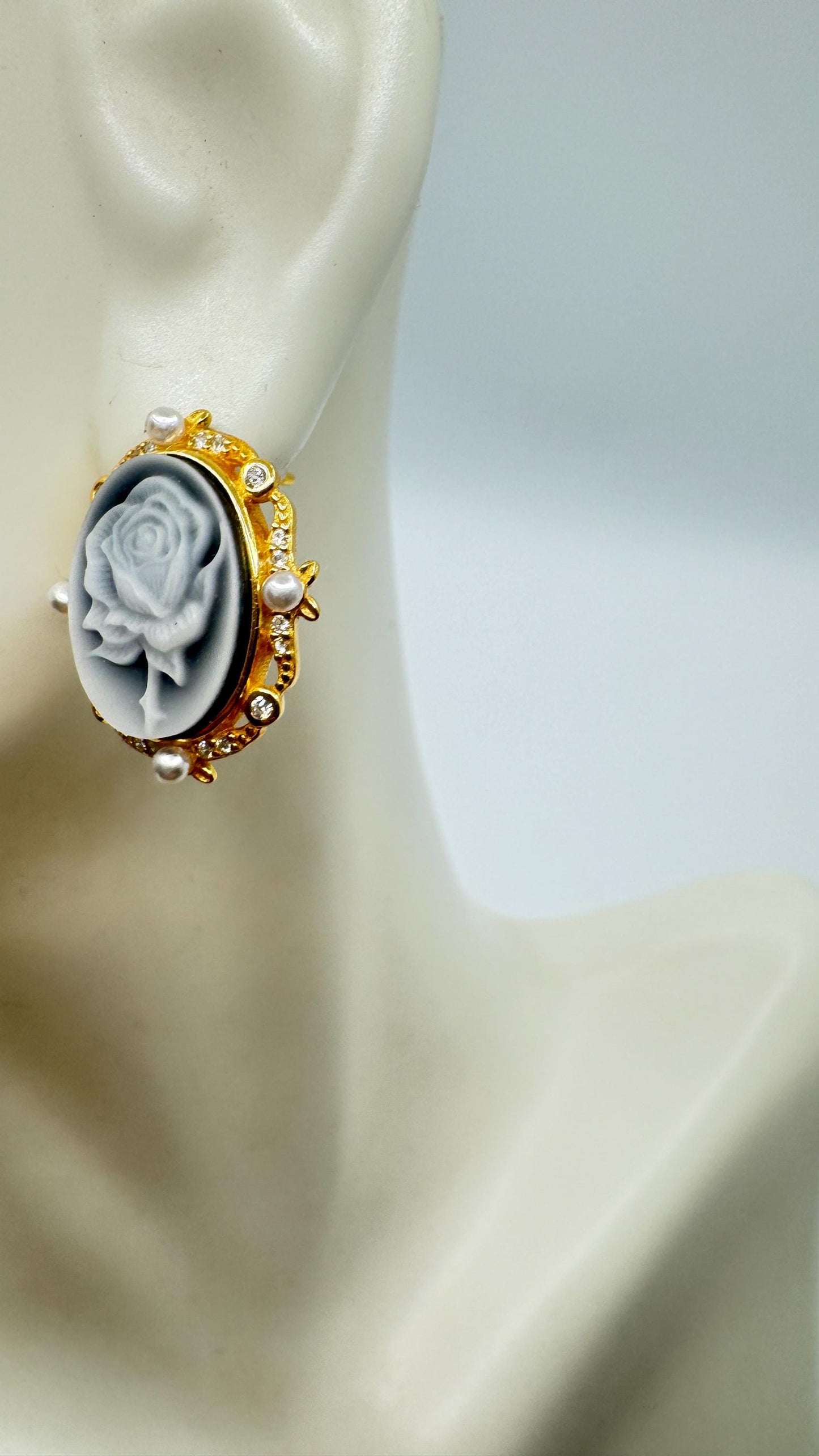 Vintage Rose Cameo Yellow Golden 925 Sterling Silver Earrings