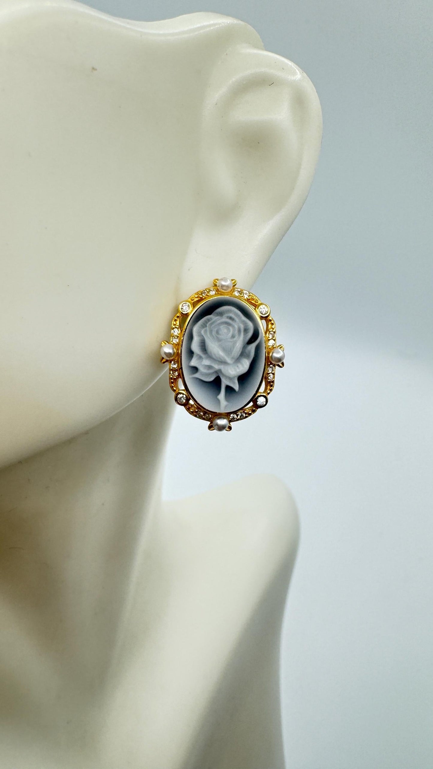 Vintage Rose Cameo Yellow Golden 925 Sterling Silver Earrings