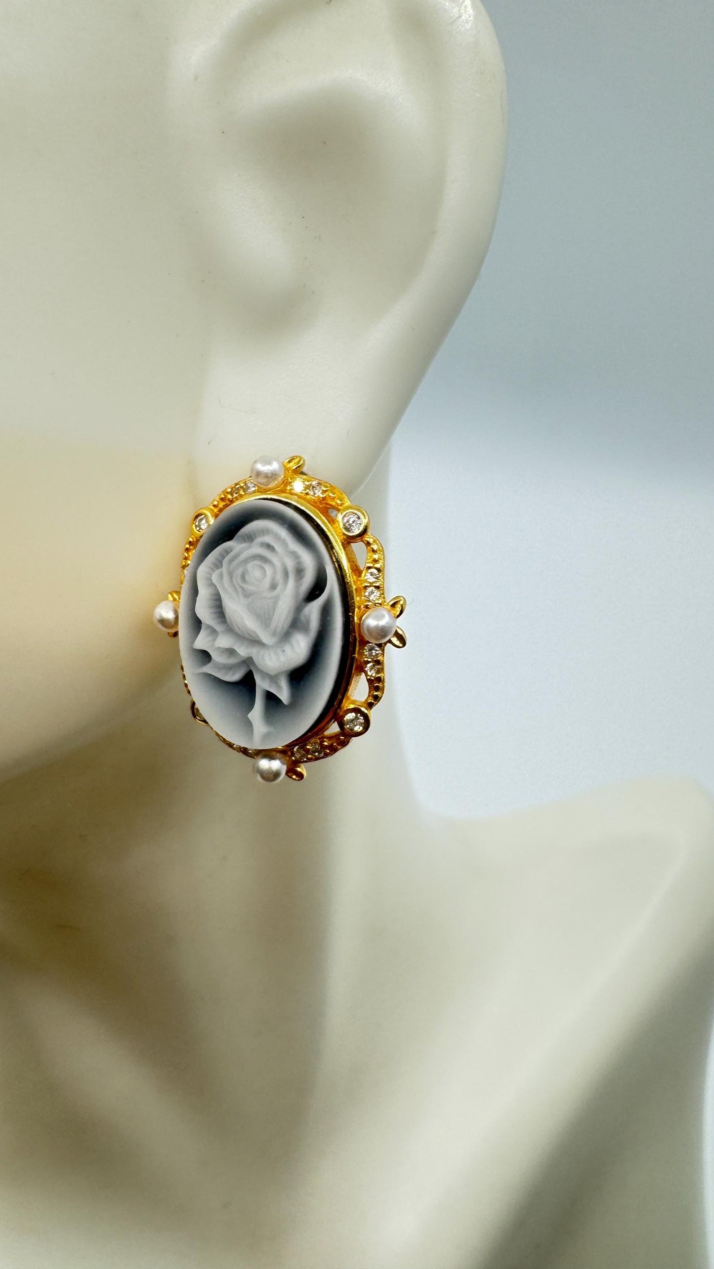 Vintage Rose Cameo Yellow Golden 925 Sterling Silver Earrings