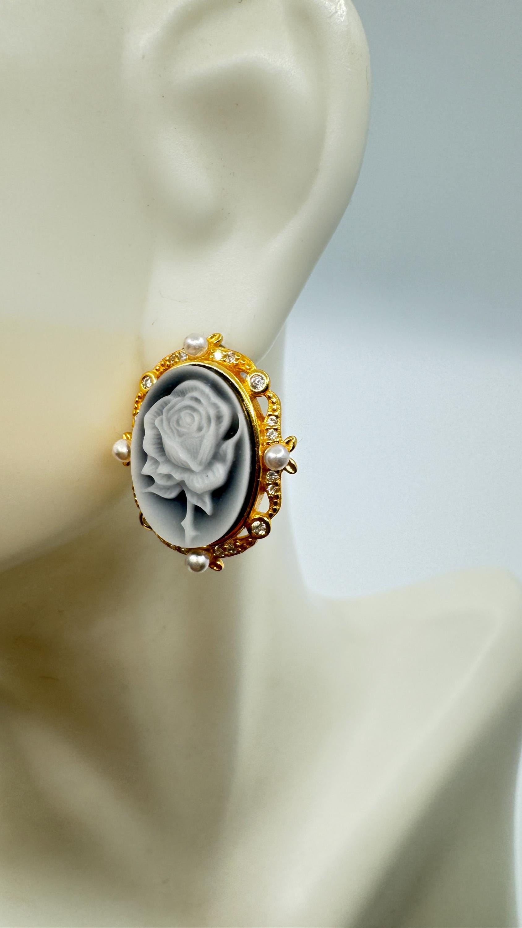 Vintage Rose Cameo Yellow Golden 925 Sterling Silver Earrings