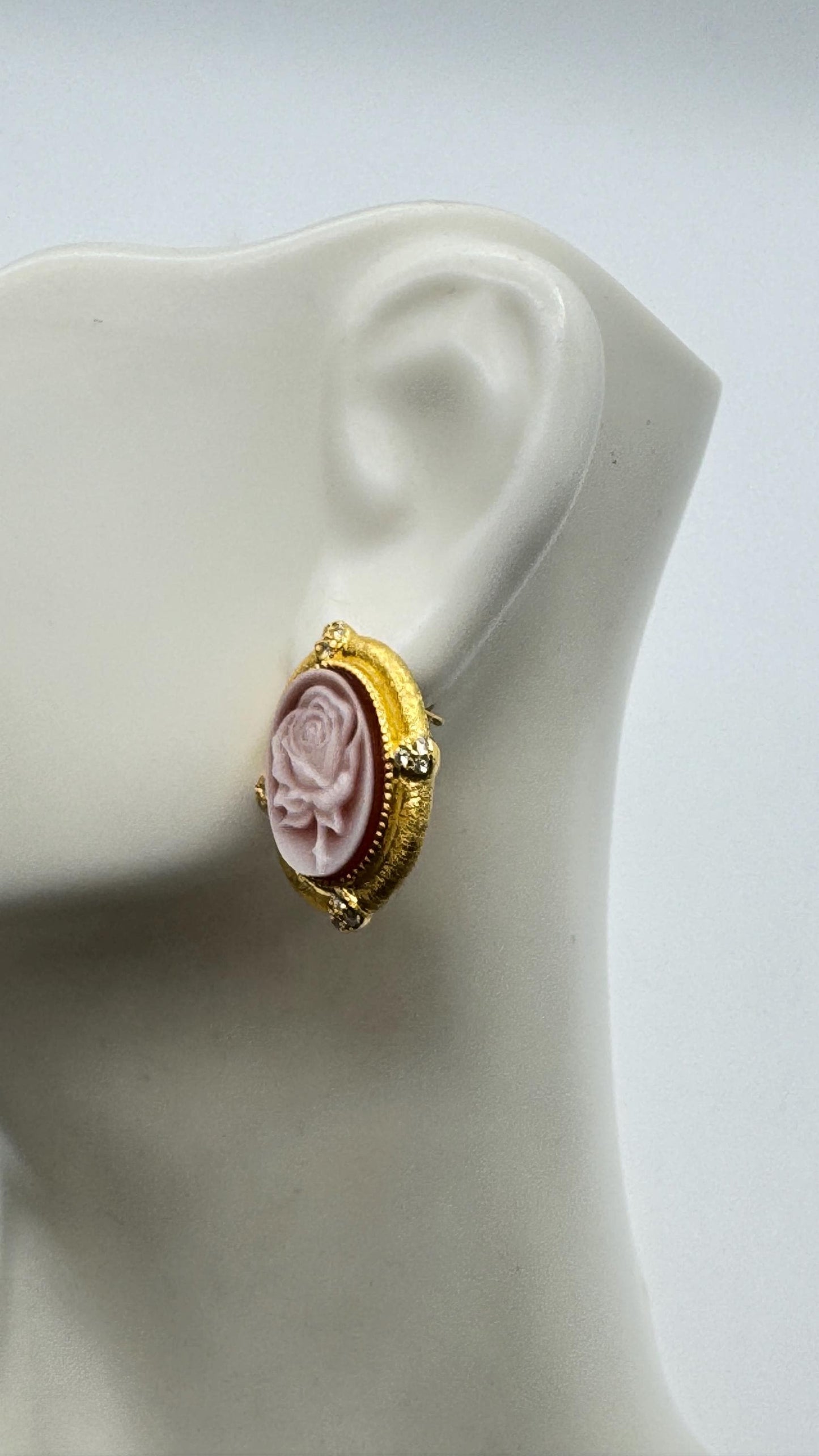 Vintage Rose Cameo Yellow Golden 925 Sterling Silver Earrings