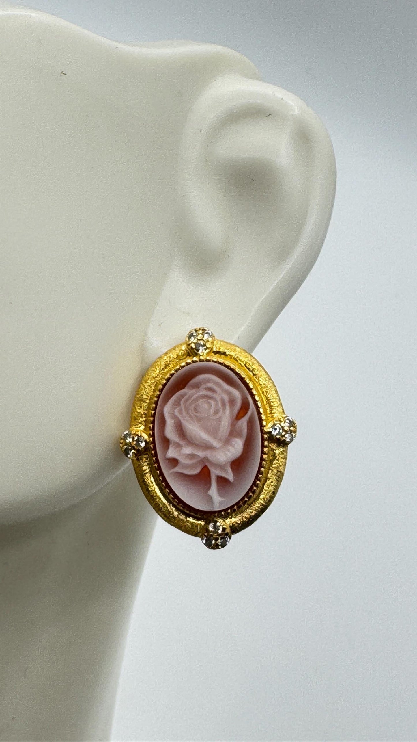 Vintage Rose Cameo Yellow Golden 925 Sterling Silver Earrings