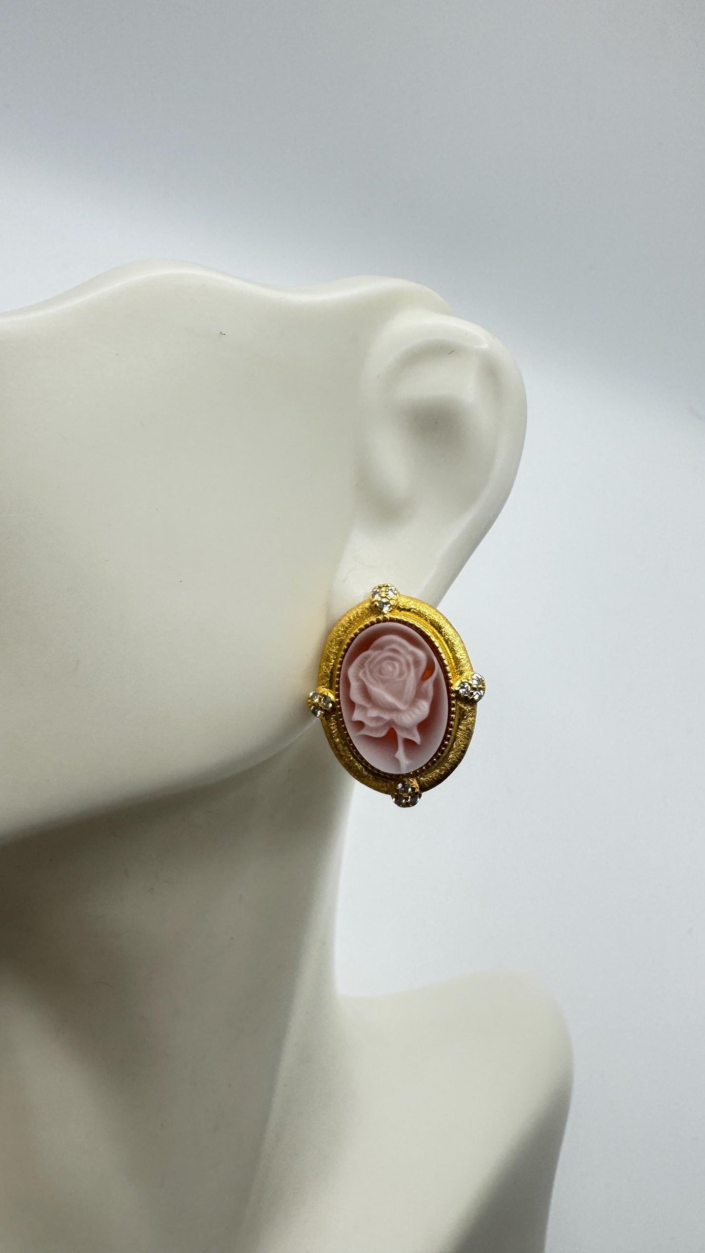 Vintage Rose Cameo Yellow Golden 925 Sterling Silver Earrings