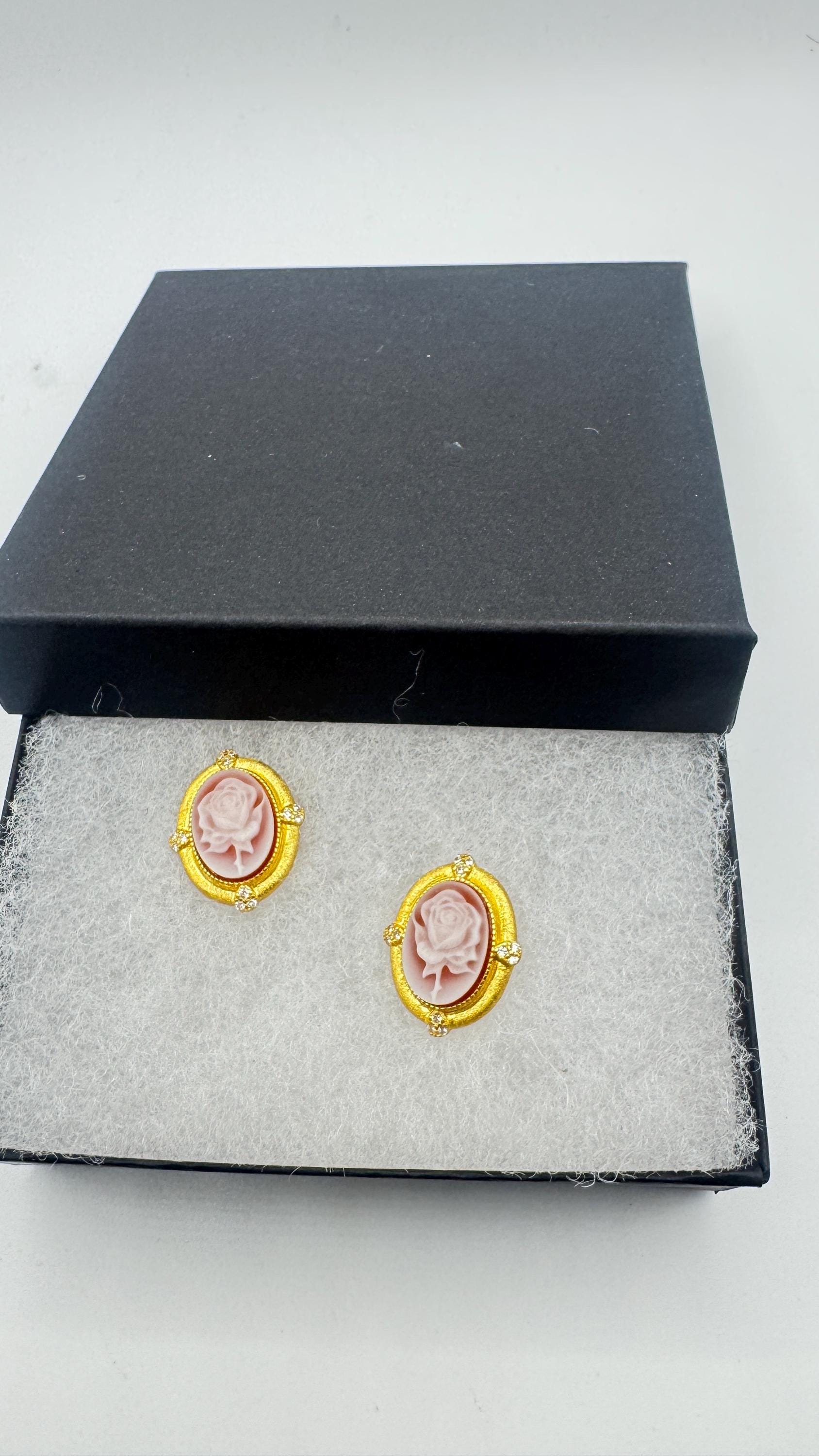 Vintage Rose Cameo Yellow Golden 925 Sterling Silver Earrings