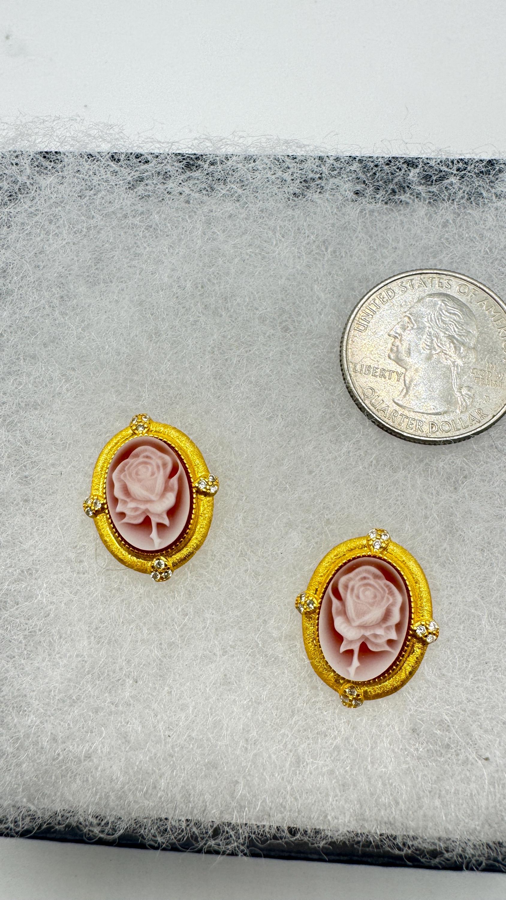 Vintage Rose Cameo Yellow Golden 925 Sterling Silver Earrings