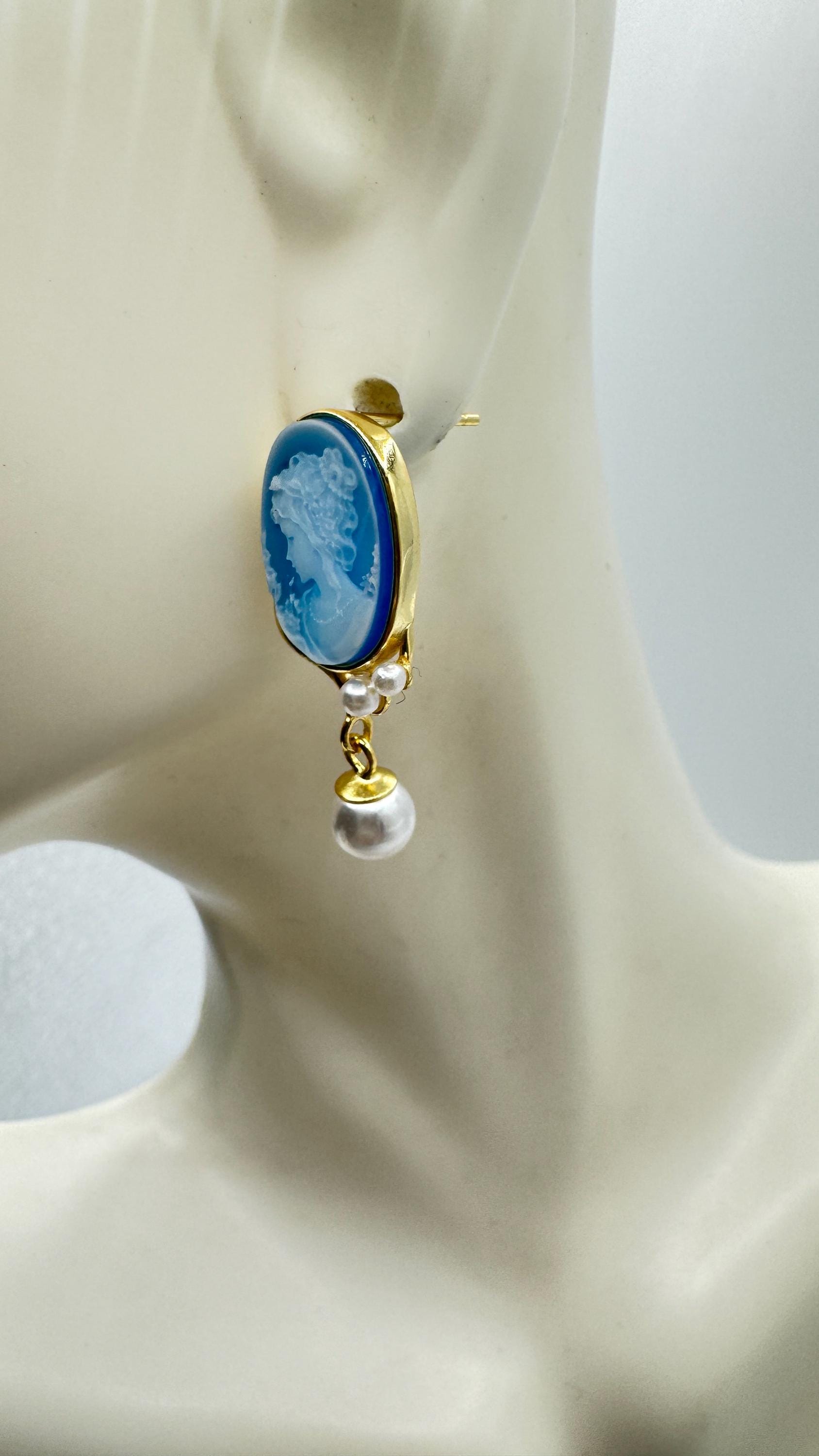 Vintage Blue Onyx Cameo Yellow Golden 925 Sterling Silver Earrings