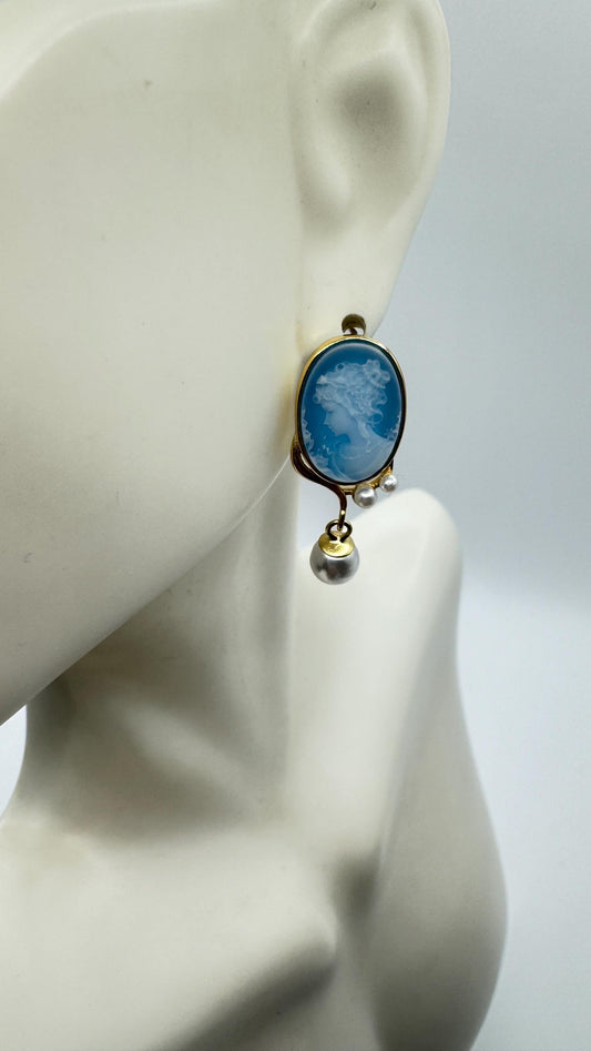 Vintage Blue Onyx Cameo Yellow Golden 925 Sterling Silver Earrings