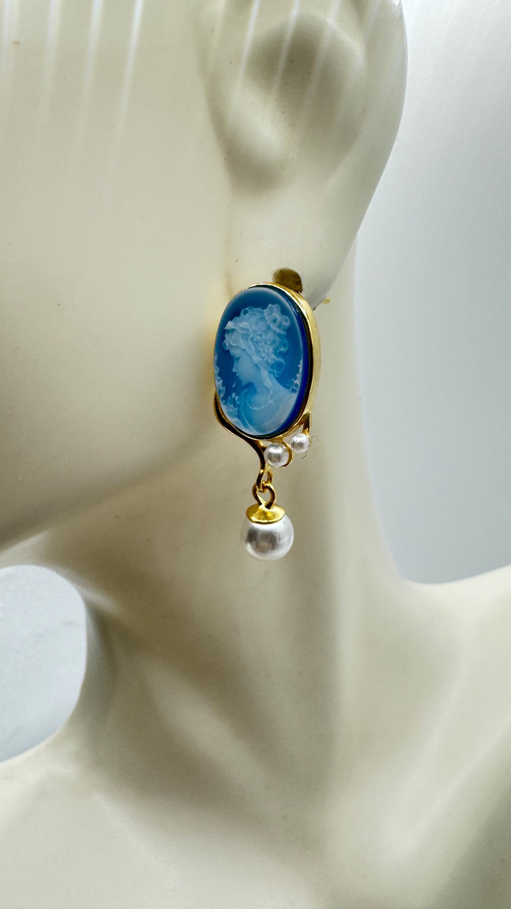 Vintage Blue Onyx Cameo Yellow Golden 925 Sterling Silver Earrings
