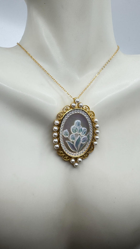 Vintage Flower Cameo Golden 925 Sterling Silver Necklace Choker