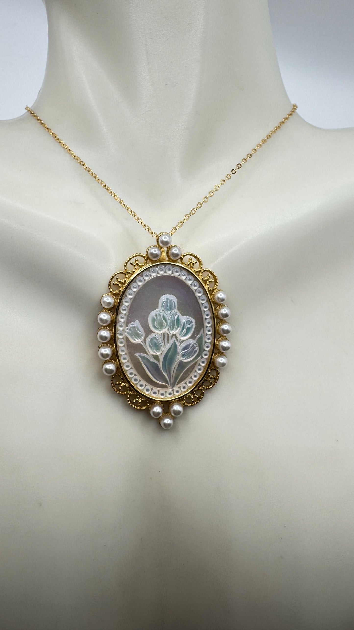 Vintage Flower Cameo Golden 925 Sterling Silver Necklace Choker