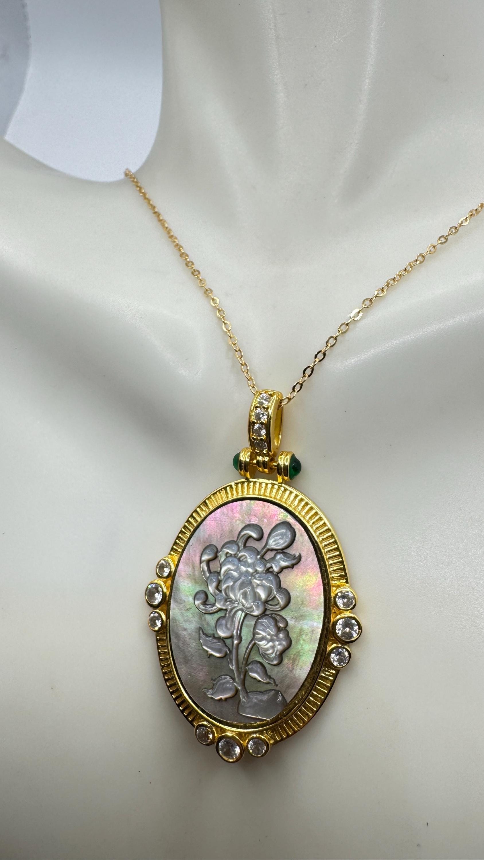 Vintage Flower Cameo Golden 925 Sterling Silver Necklace Choker