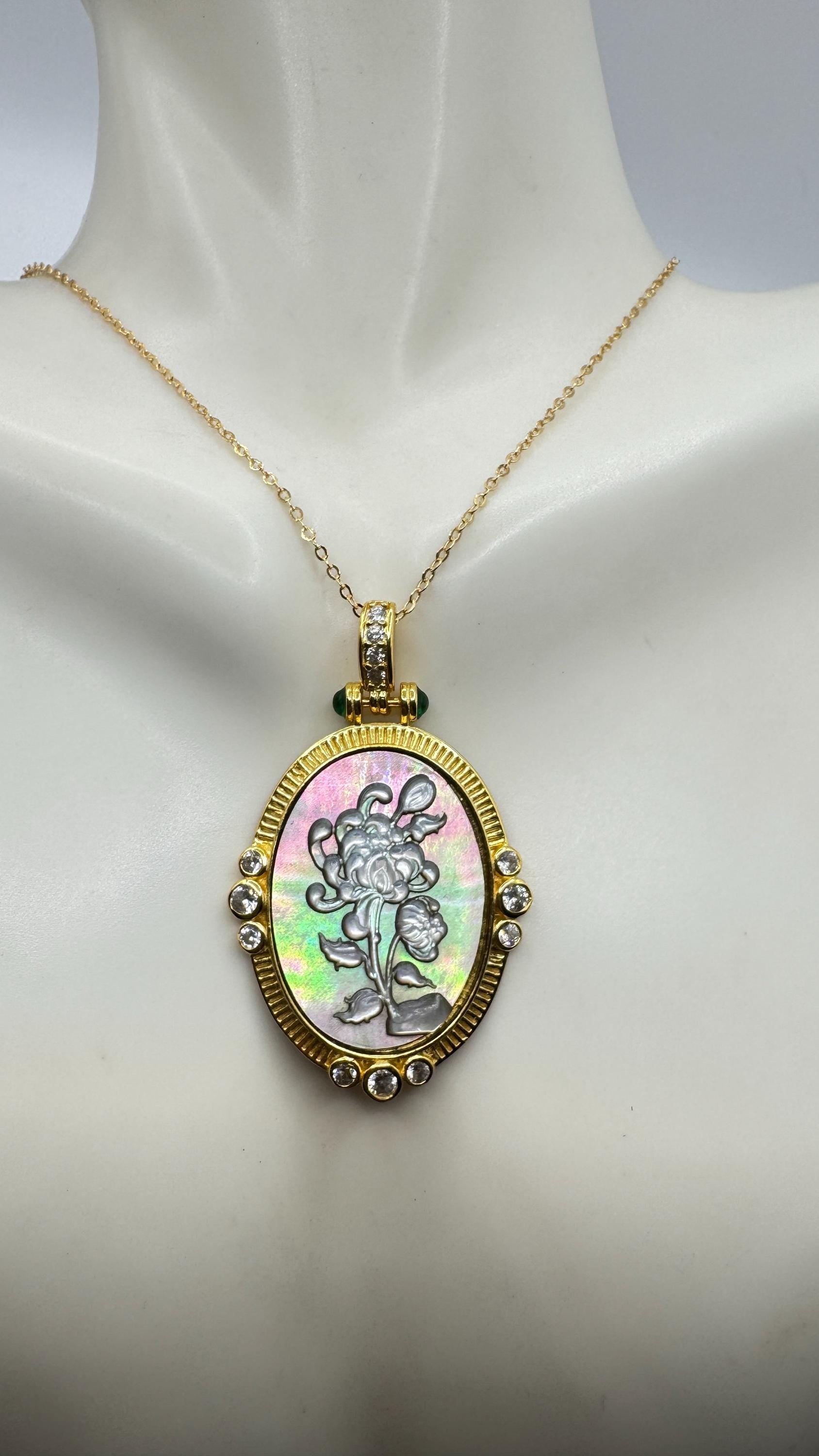 Vintage Flower Cameo Golden 925 Sterling Silver Necklace Choker