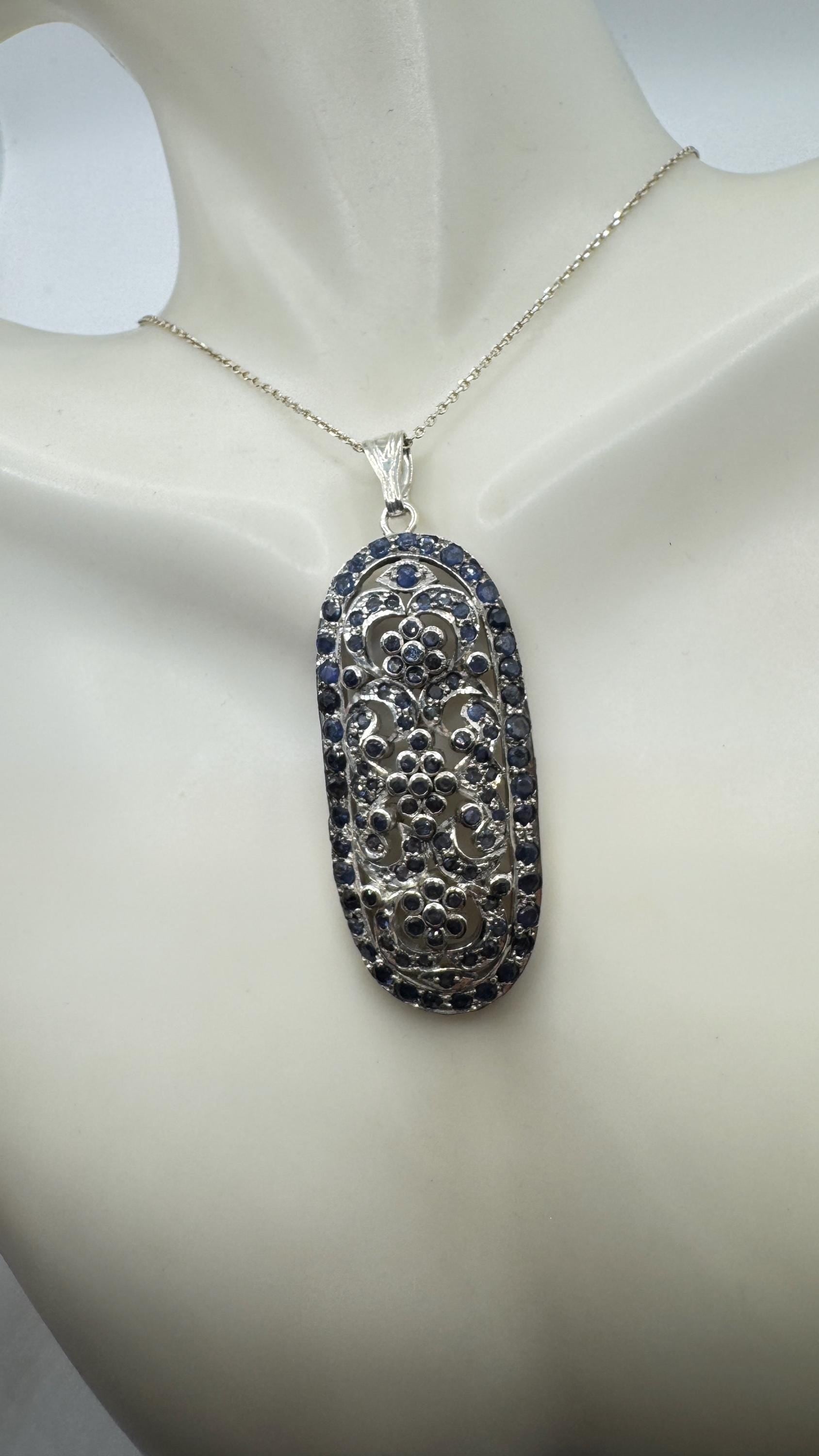Vintage Blue Sapphire 925 Sterling Silver Pendant Necklace