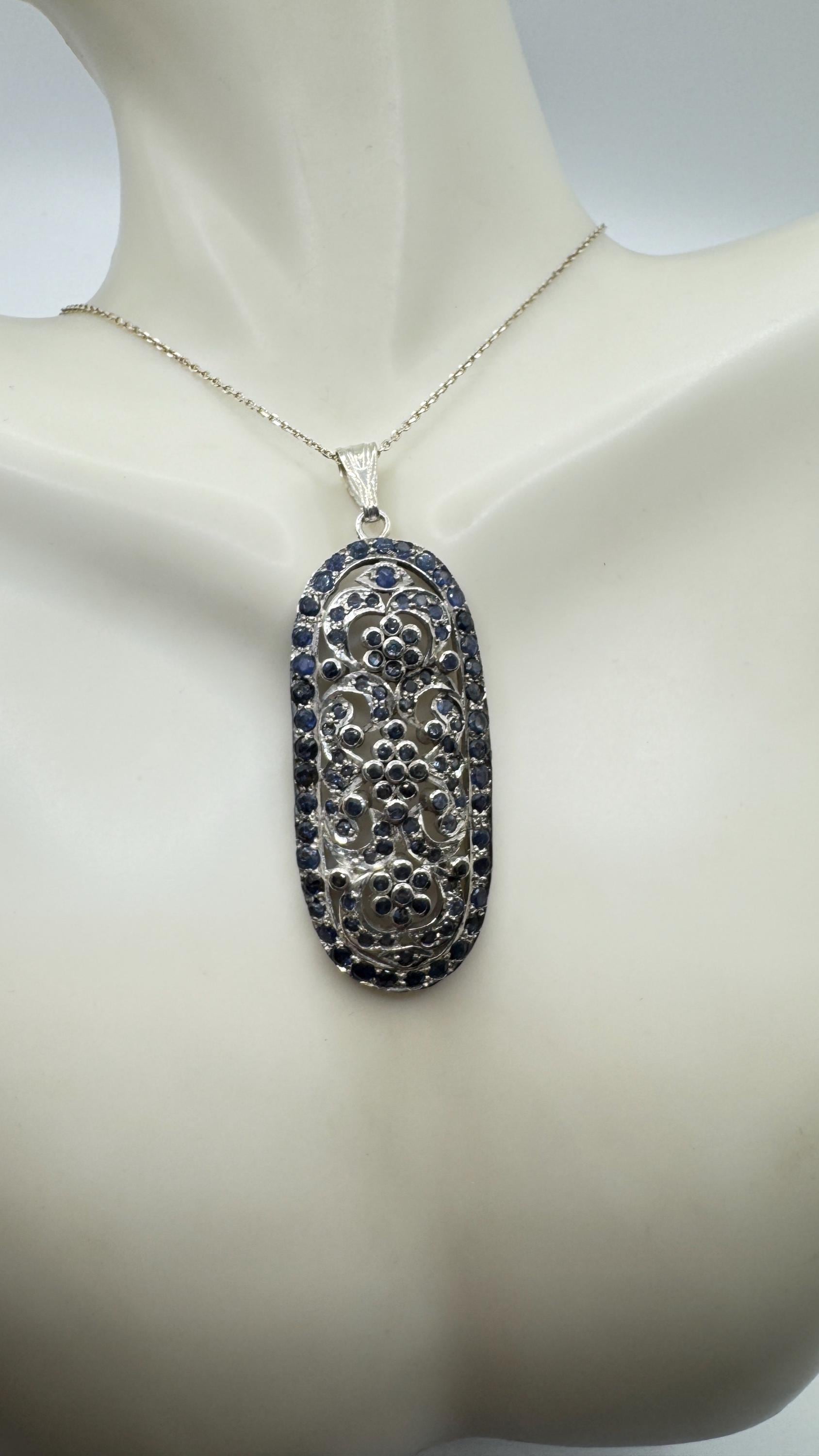 Vintage Blue Sapphire 925 Sterling Silver Pendant Necklace
