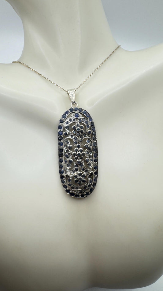 Vintage Blue Sapphire 925 Sterling Silver Pendant Necklace