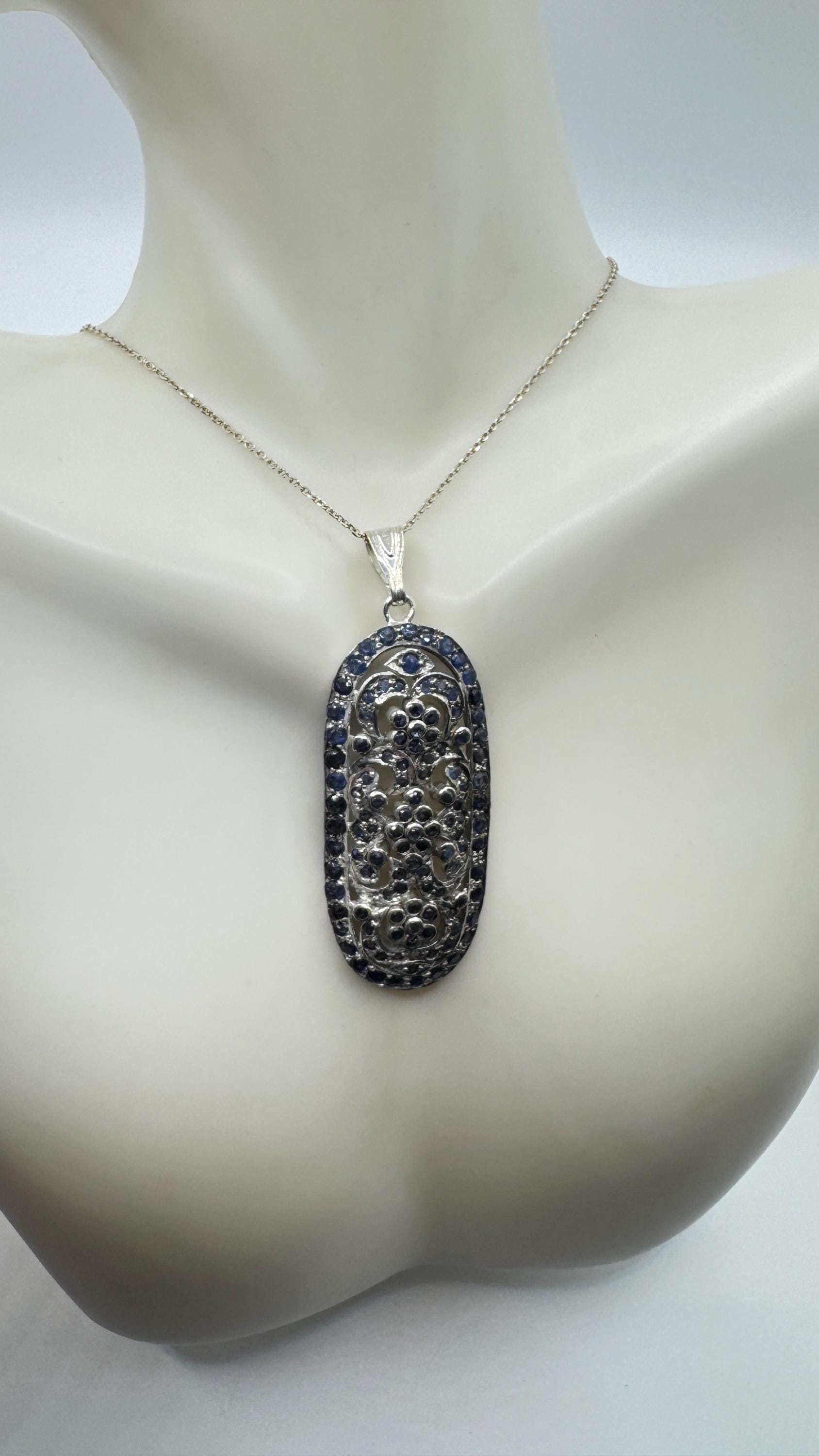 Vintage Blue Sapphire 925 Sterling Silver Pendant Necklace