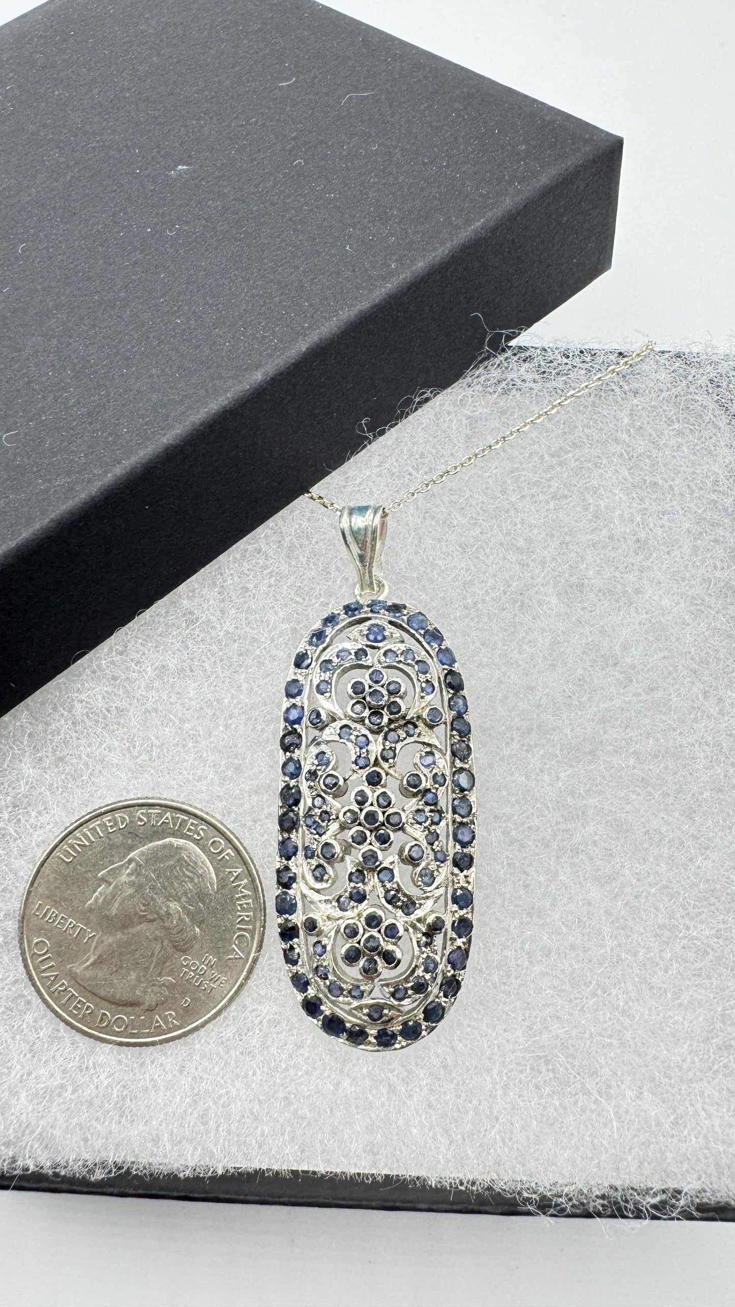 Vintage Blue Sapphire 925 Sterling Silver Pendant Necklace