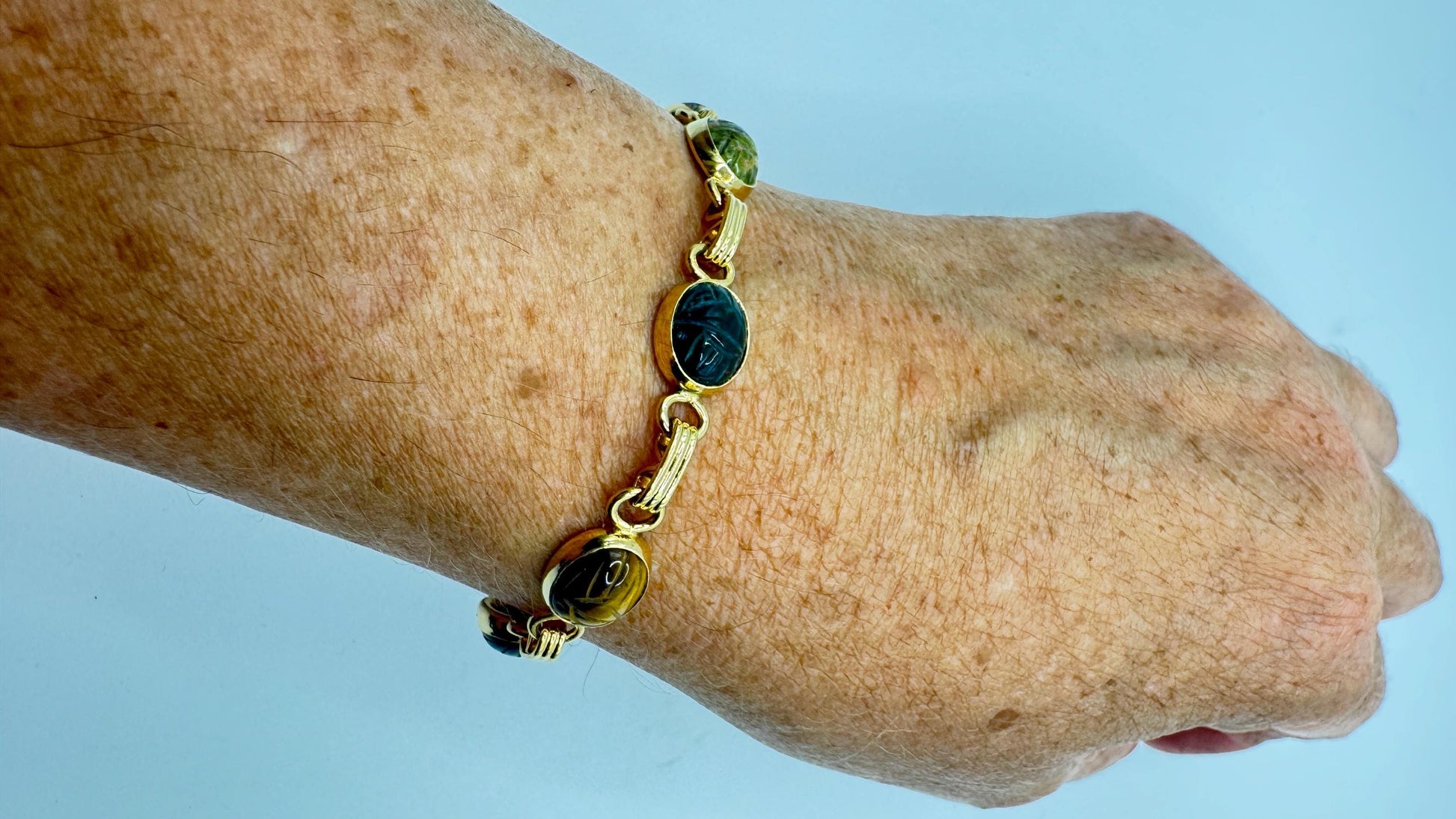 Vintage Scarab Bracelet Gold filled Carved Gemstones