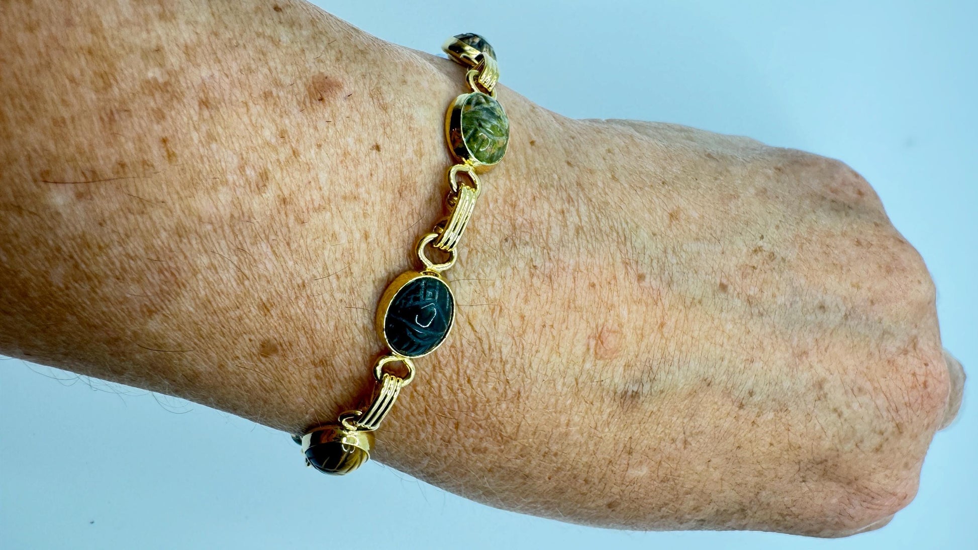 Vintage Scarab Bracelet Gold filled Carved Gemstones