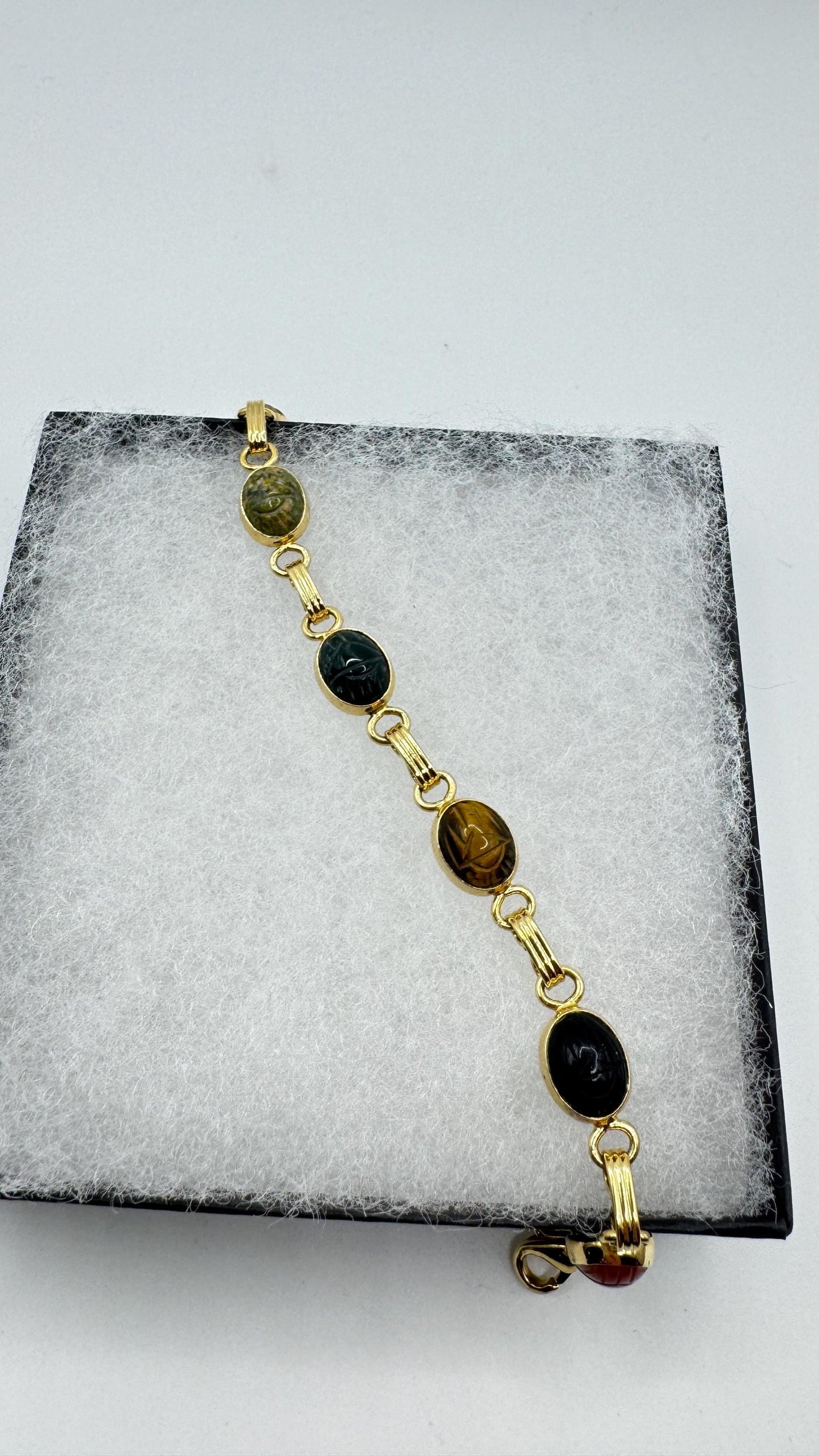 Vintage Scarab Bracelet Gold filled Carved Gemstones