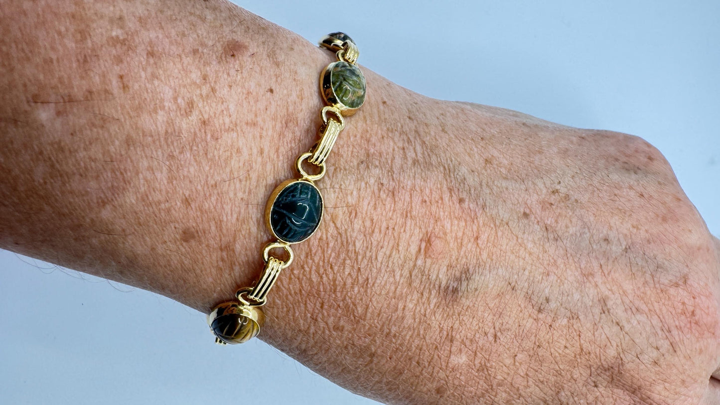 Vintage Scarab Bracelet Gold filled Carved Gemstones
