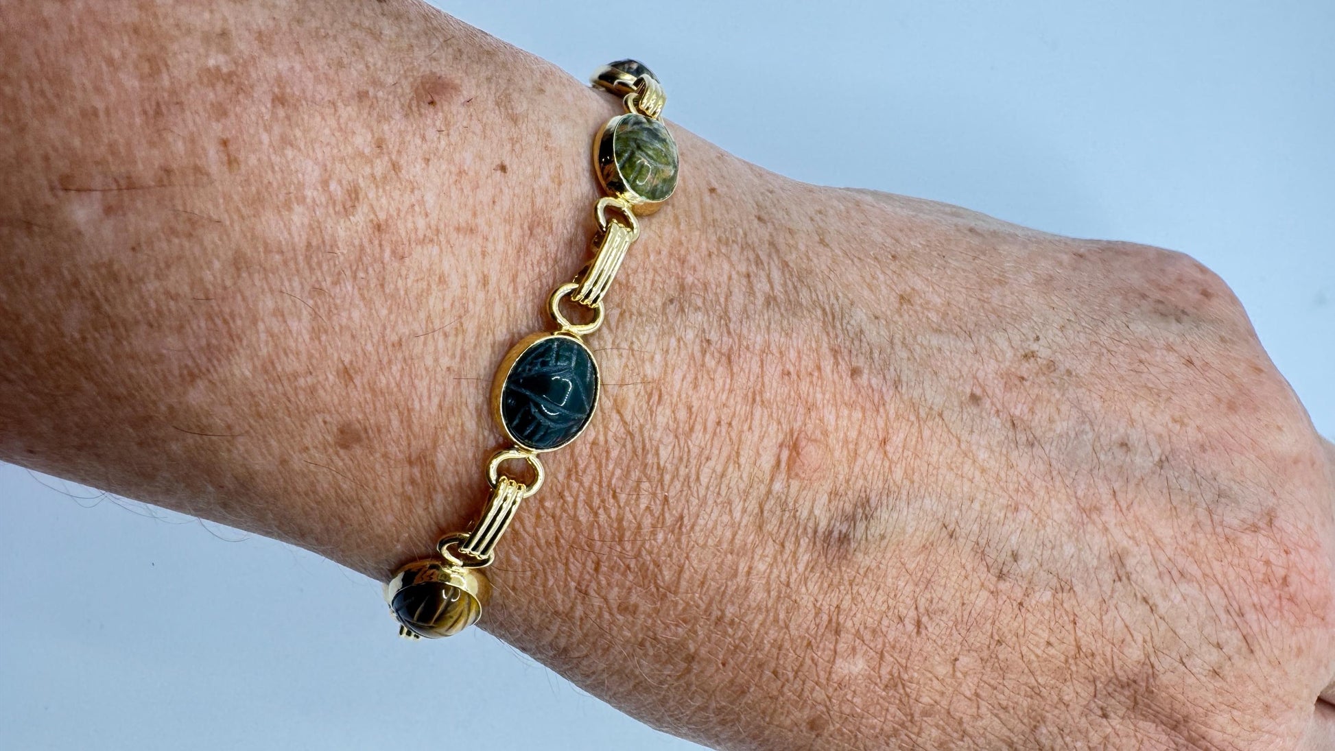 Vintage Scarab Bracelet Gold filled Carved Gemstones