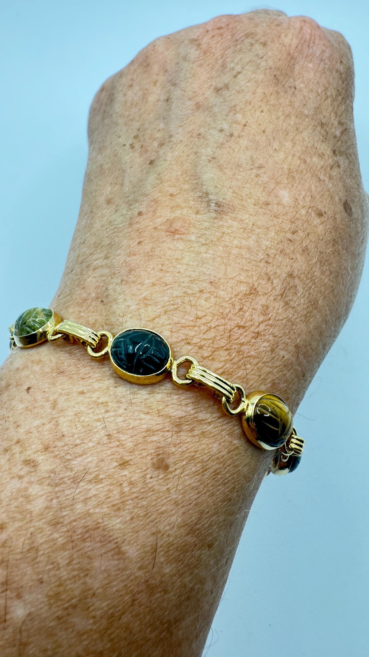 Vintage Scarab Bracelet Gold filled Carved Gemstones